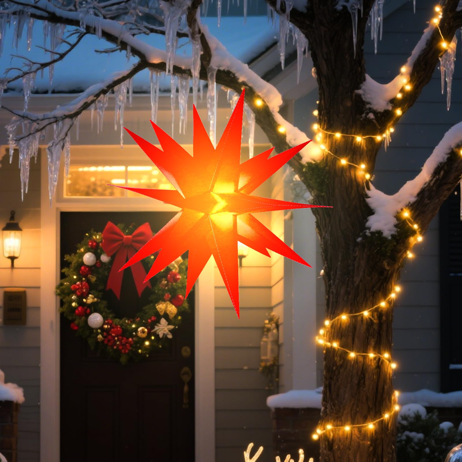 Sky angle Estrella de Navidad 3D iluminada con batería con temporizador para ventanas, 60 cm, estrella luminosa para decorar el árbol de Navidad, estrella de Navidad LED roja para patio, balcón y