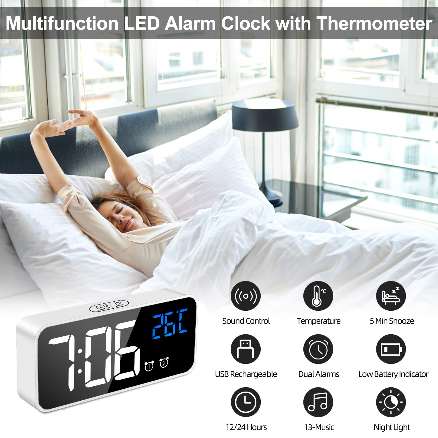 MOSUO Sveglia Digitale, Sveglia da Comodino con Temperatura e LED Grande Schermo, Orologio a Specchio con 2 Allarme, Snooze, Suoni e Luminosità Regolabile, Controllo Vocale, USB Ricaricare, Bianca