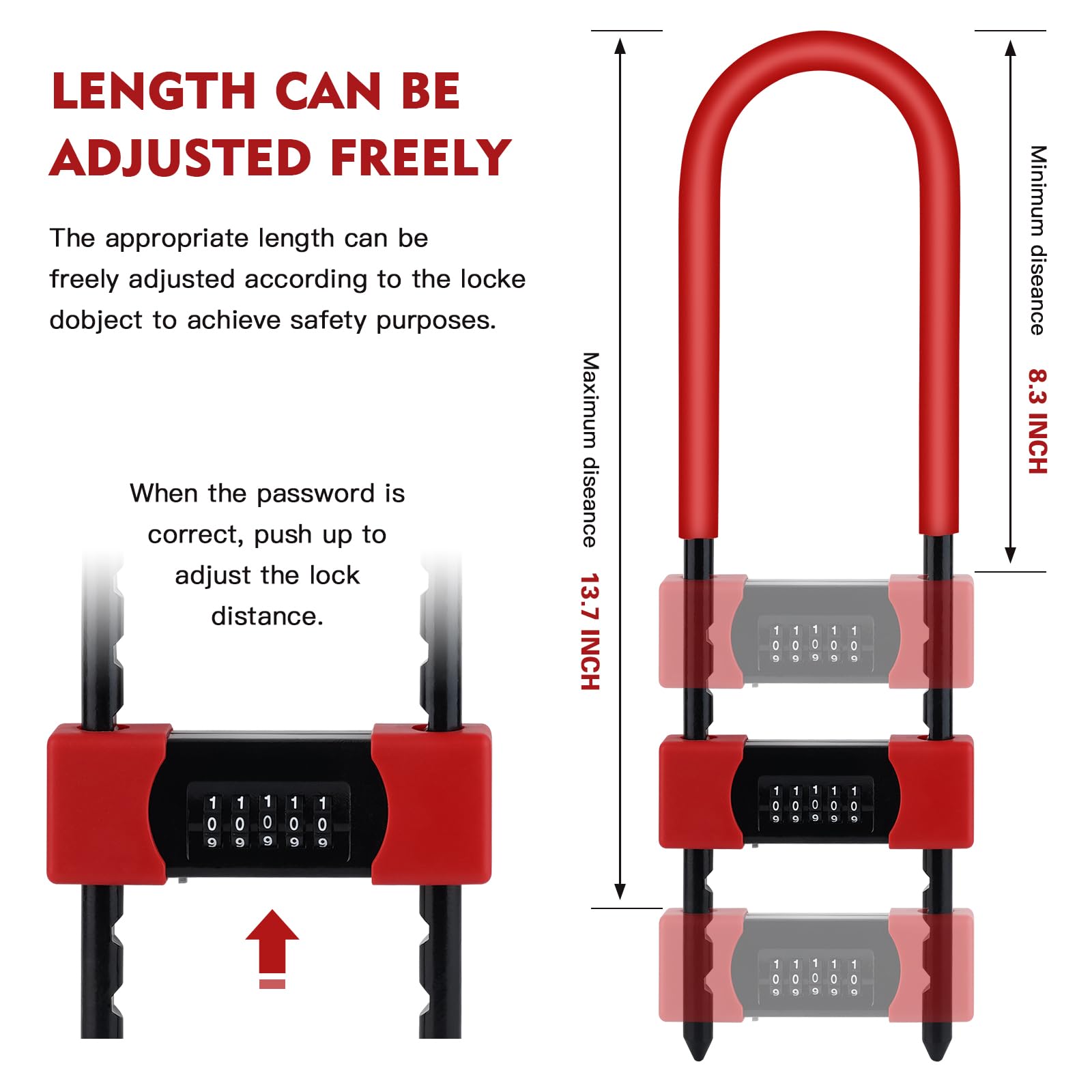 U-Lock Zamek szyfrowy z długim uchwytem z pięciocyfrowym kodem, zapięcie na rower, rower elektryczny, MTB, szklane drzwi (U4)