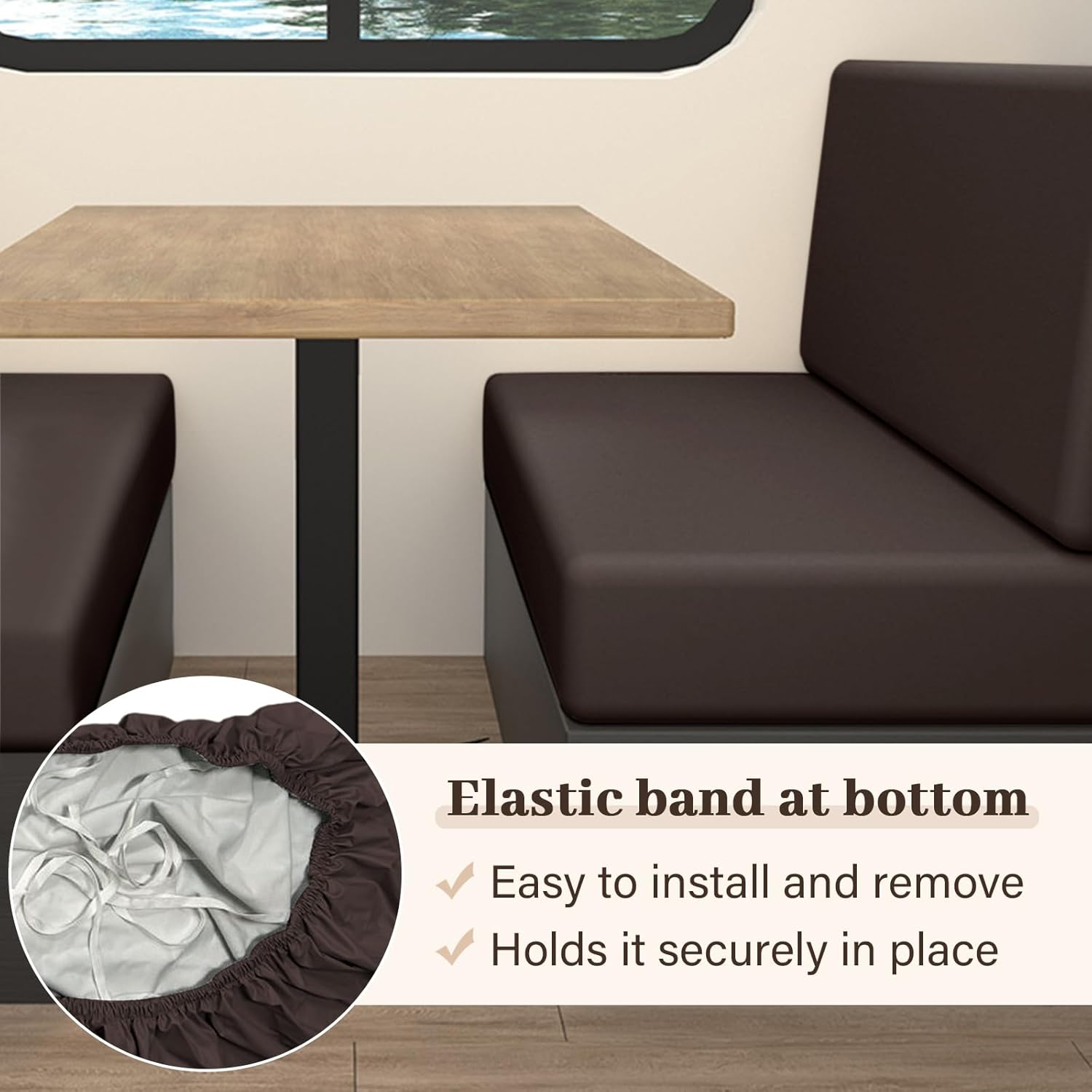 Camper Cushion Slipcovers RV Dinette Cushion Covers Car Elastic Faux Leather Bench Cover for Trailer Automotive Vehicle, Coffee