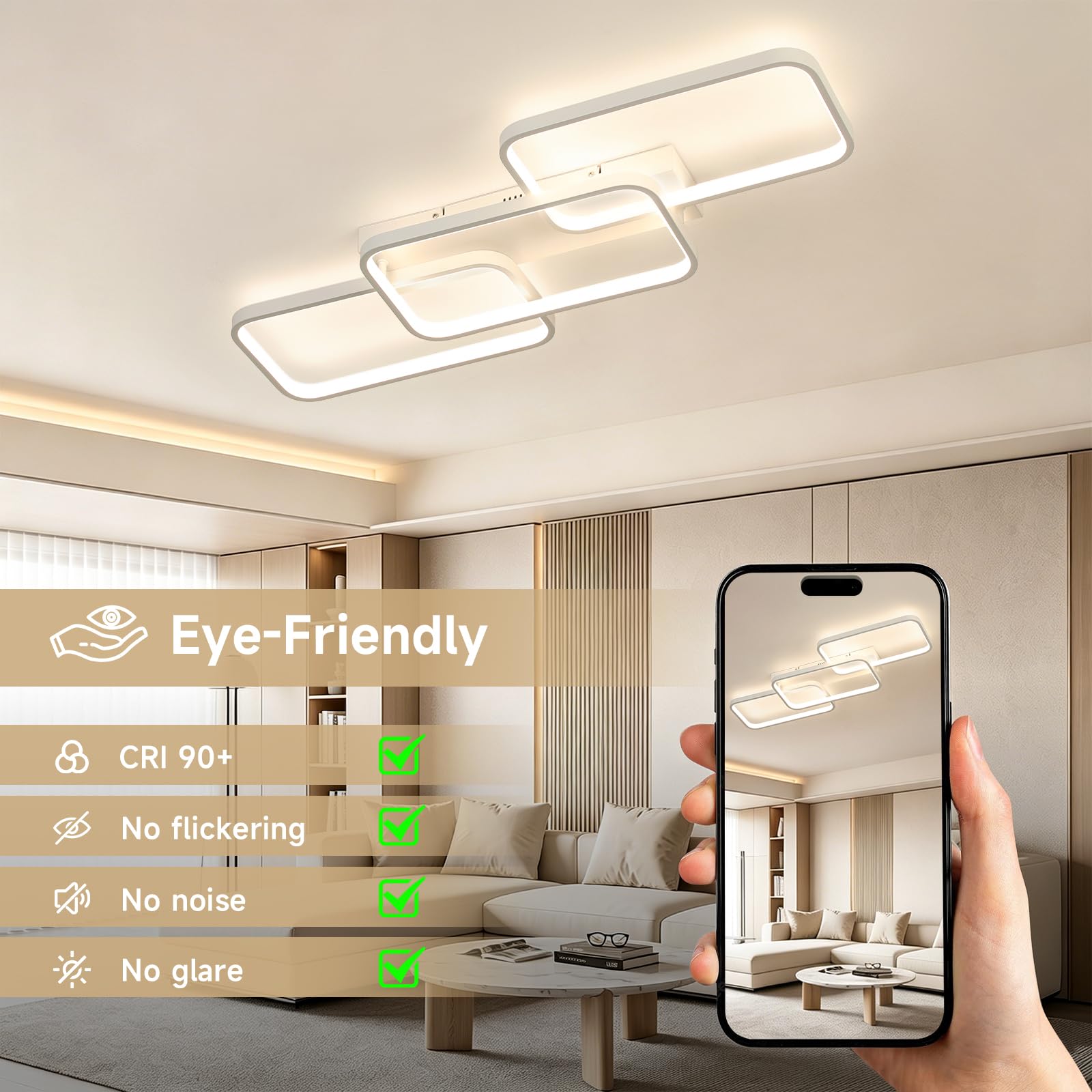 OTREN Lampa sufitowa LED 60 W, 6000 lm, regulowana za pomocą pilota 3000 K, 6500 K, pamięć i blokada, lampka nocna i timer do salonu, sypialni, kuchni, 82 cm