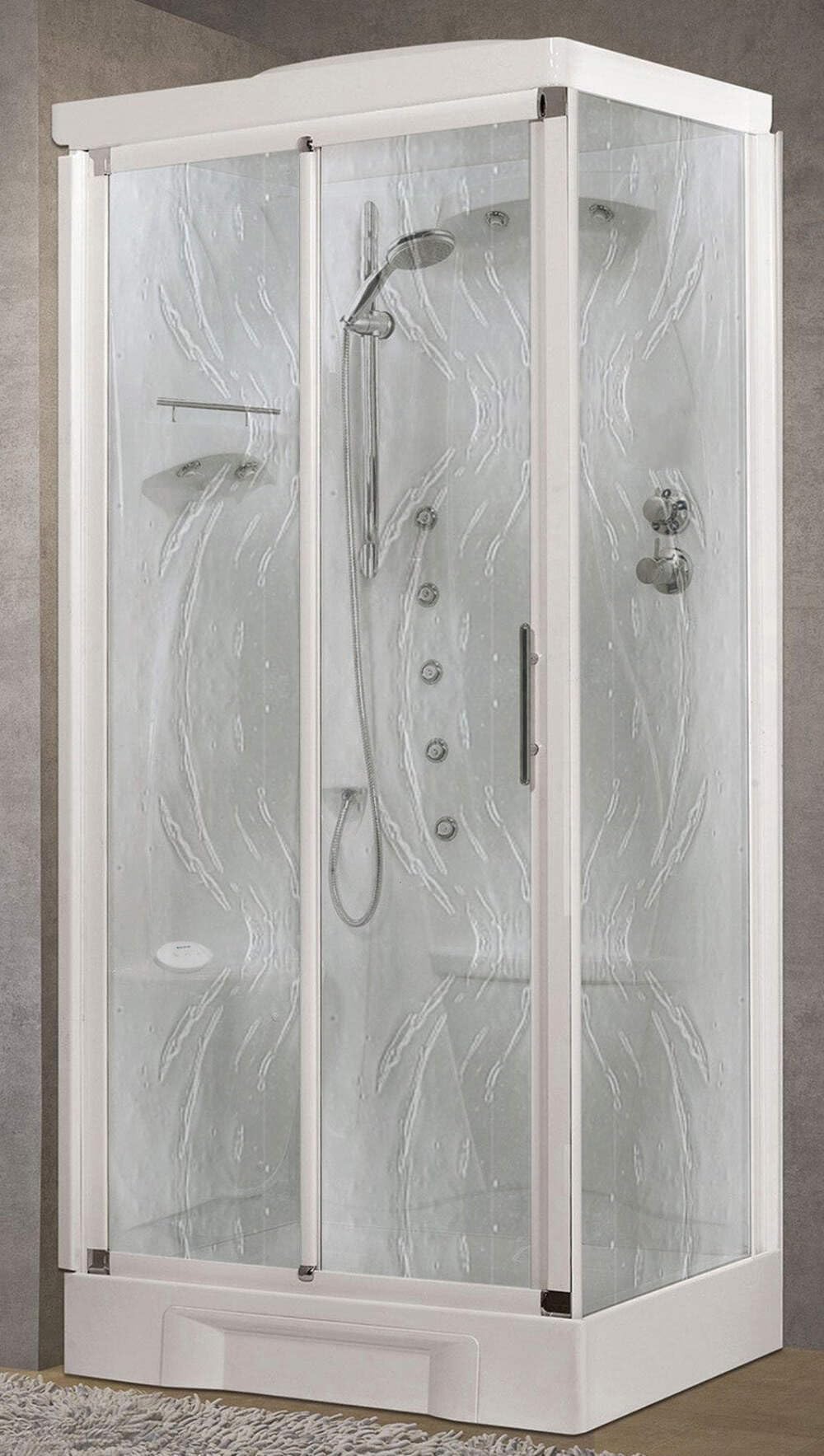Novellini New Holiday 2P+F Hammam 100 x 70 cm Cabina de ducha multifunción apertura deslizante asiento izquierdo mezclador mecánico cristal Aqua perfil blanco hidromasaje Sauna estéreo, altura 225,5