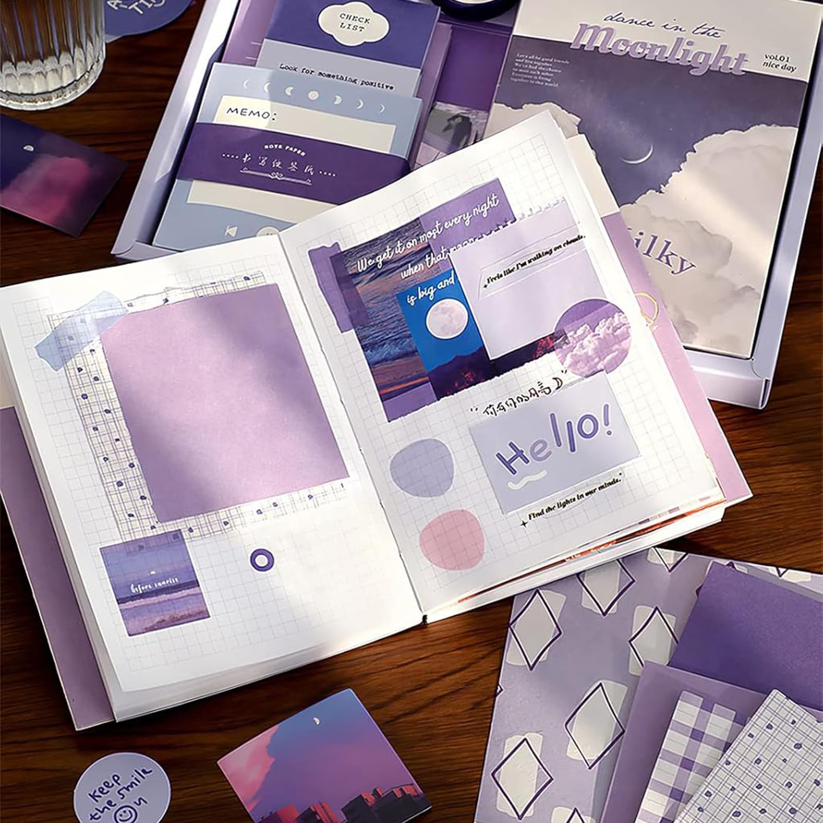 Kit de Scrapbook Estético 348 Piezas, Set de Journaling con Cuaderno A6 de Cuadrícula, Materiales para Scrapbooking, Washi Tape, Estilo Púrpura, para Principiantes, Regalo Creativo