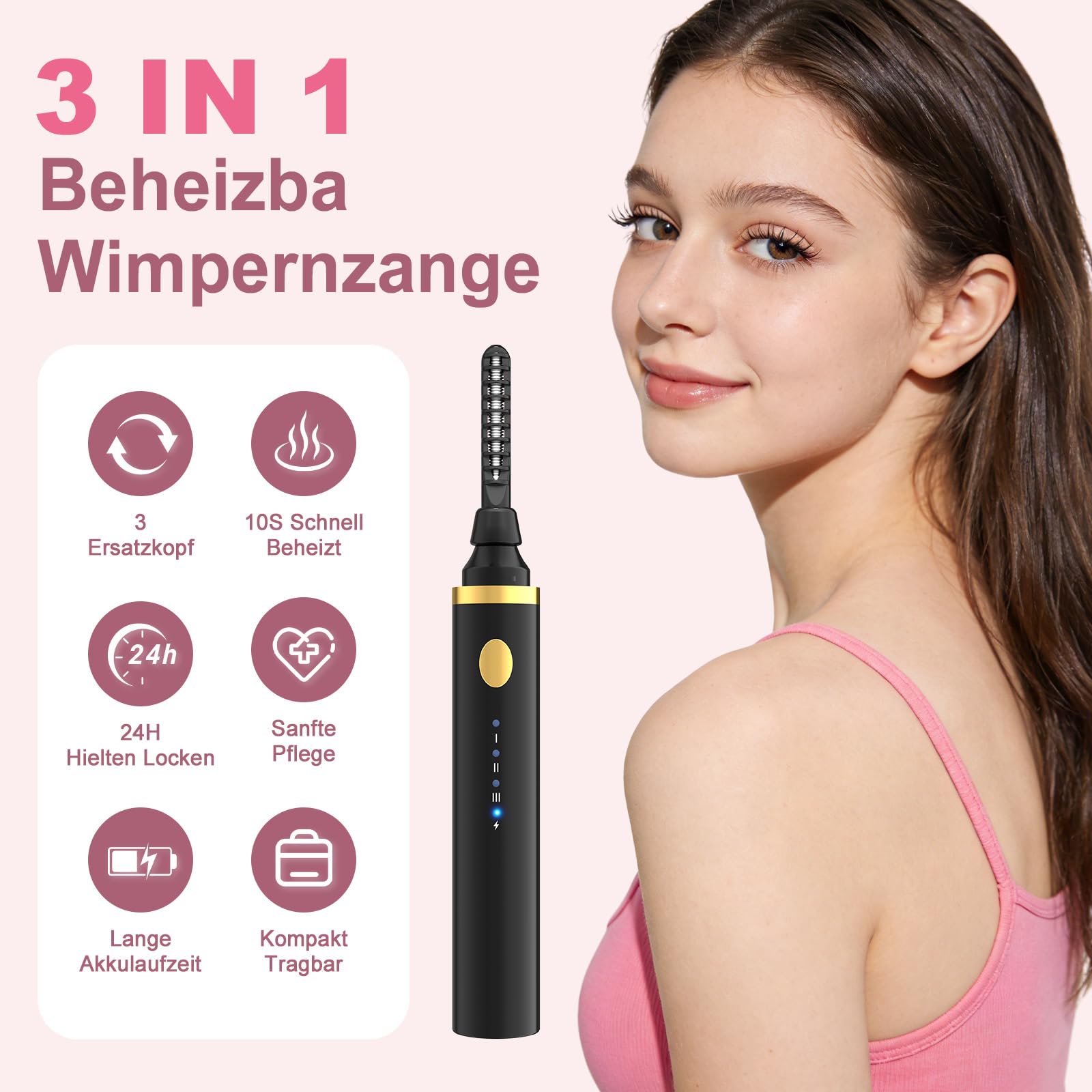 3 in 1 Beheizbar Wimpernzange Elektrisch, Wimpern Curler, VerbrüHungsschutz, 10S Schnelles Aufheizen, 3 Temperaturen, USB C Aufladbar Tragbar Heated Eyelash Curler für Alle Wimpern (Schwarz)