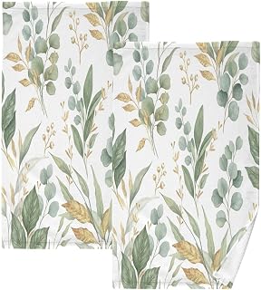 Kigai Green Gold Leaves Hand Towels Set of 2, Highly Absorbent Soft Towel Decorative Cotton Hand Towel for Kitchen Bathroom 16x28 Inch