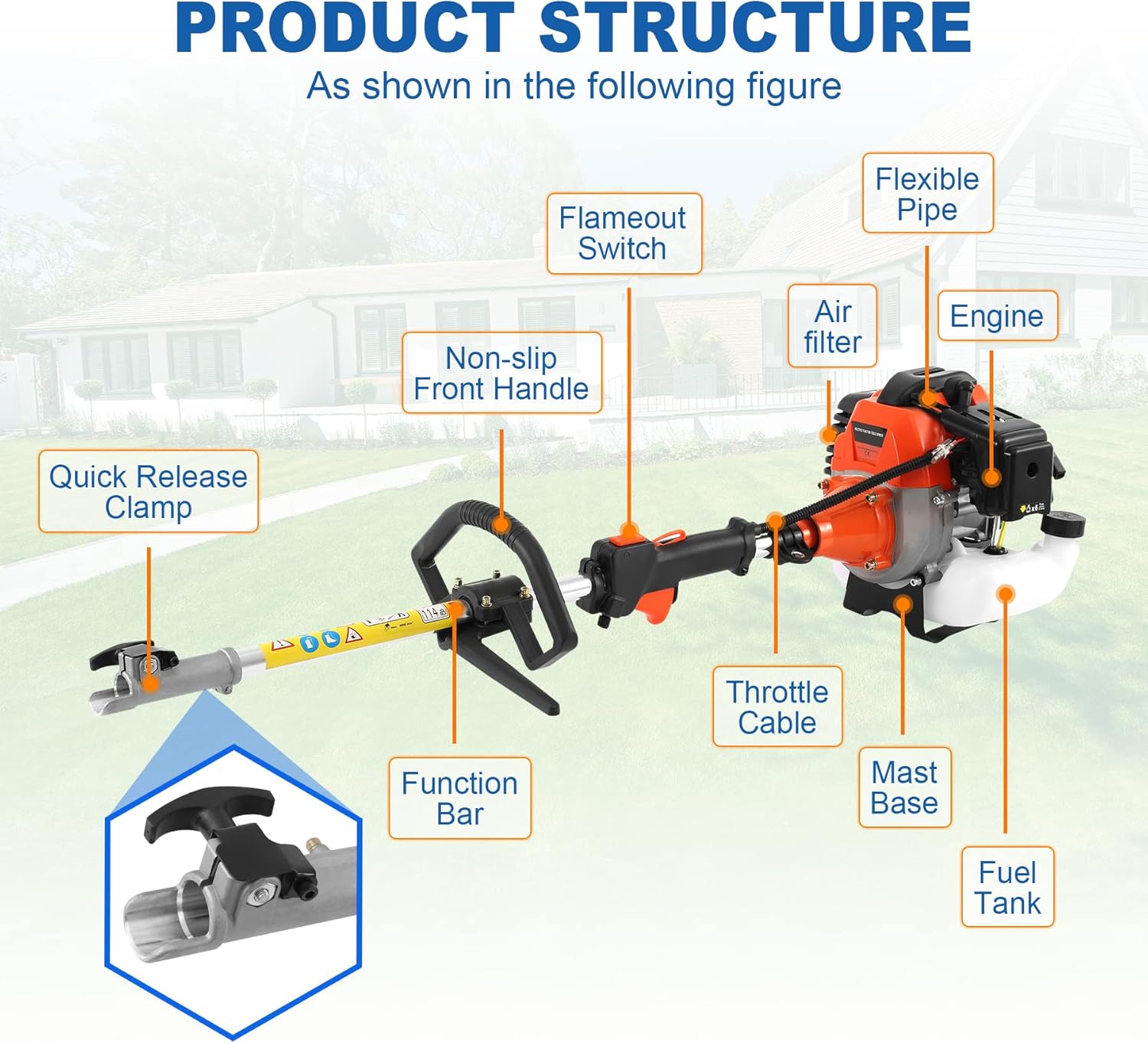 52cc 2 Cycle 5 in 1 Garden Hedge Trimmer Combo, Gas Powered Long Reach Pole Saw Grass String Trimmer Brush Tree Cutter Pruner Weed Eater, Multi Functional Garden Trimming Tools