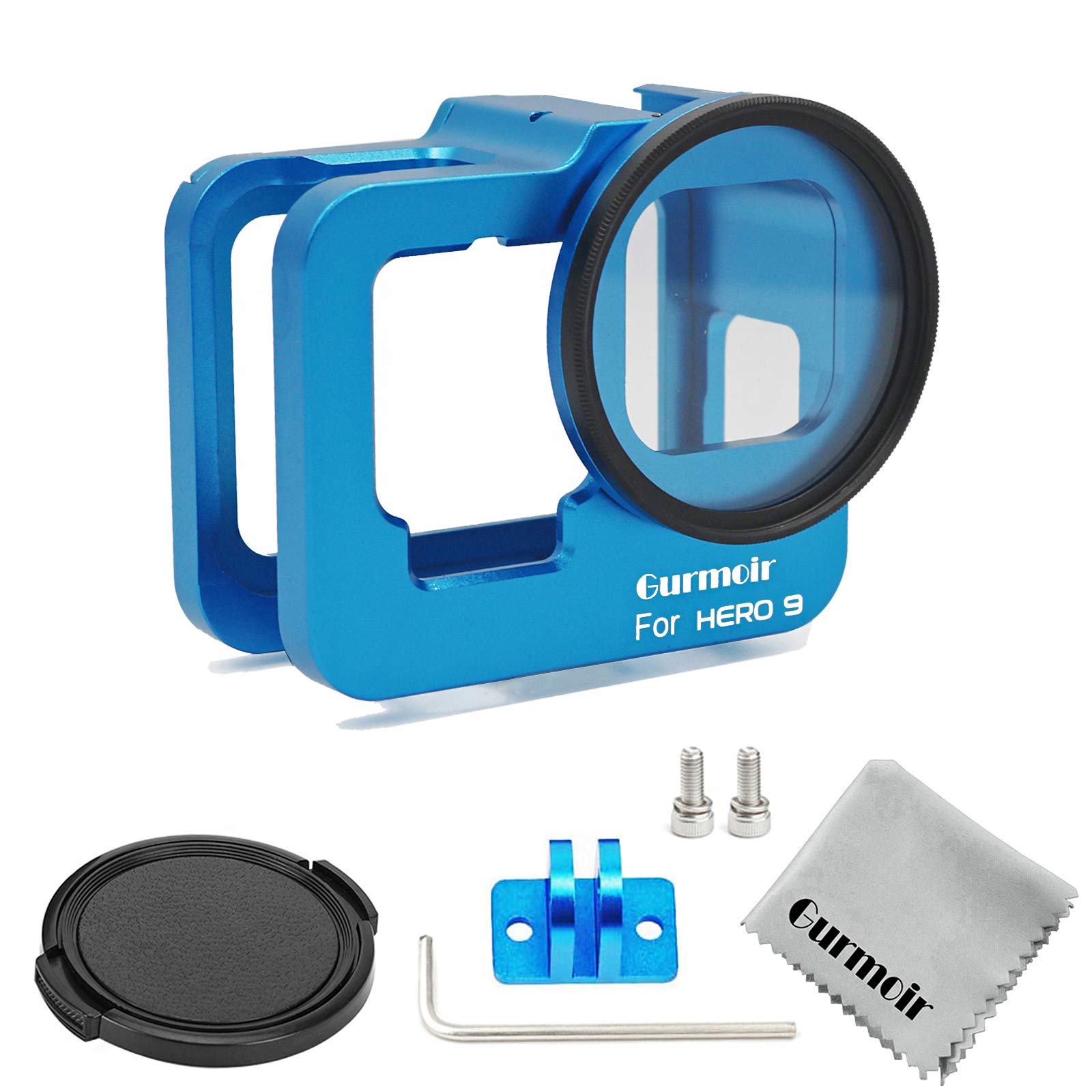 GurmoirAluminum Alloy Case for Gopro Hero 9 Black Action Camera,Back Door Case Metal Frame Housing.Side Open Wire Connectable Protective Metal Case with 52mm UV Filter for Gopro Hero 9 (Blue)