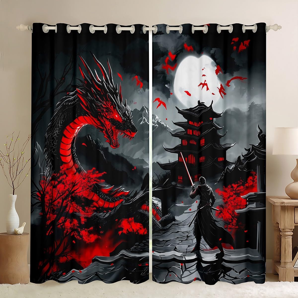 Erosebridal Dragon Window Curtains 2 Panel Sets 38 X 45 Inch, Japanese Style Blackout Curtains, Retro Wildlife Ukiyo-E Window Treatments Drapes Decor for Bedroom, Black Grey Red