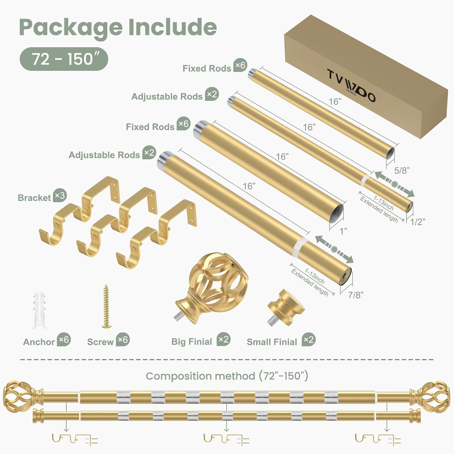 1 Inch Double Curtain Rod:Gold Adjustable Heavy Duty Curtain Rods for Windows 72-150" Decorative Vintage Double Drapery Rod with Twisted Cage Finials for Bedroom/Living Room/Kitchen(All-Metal)