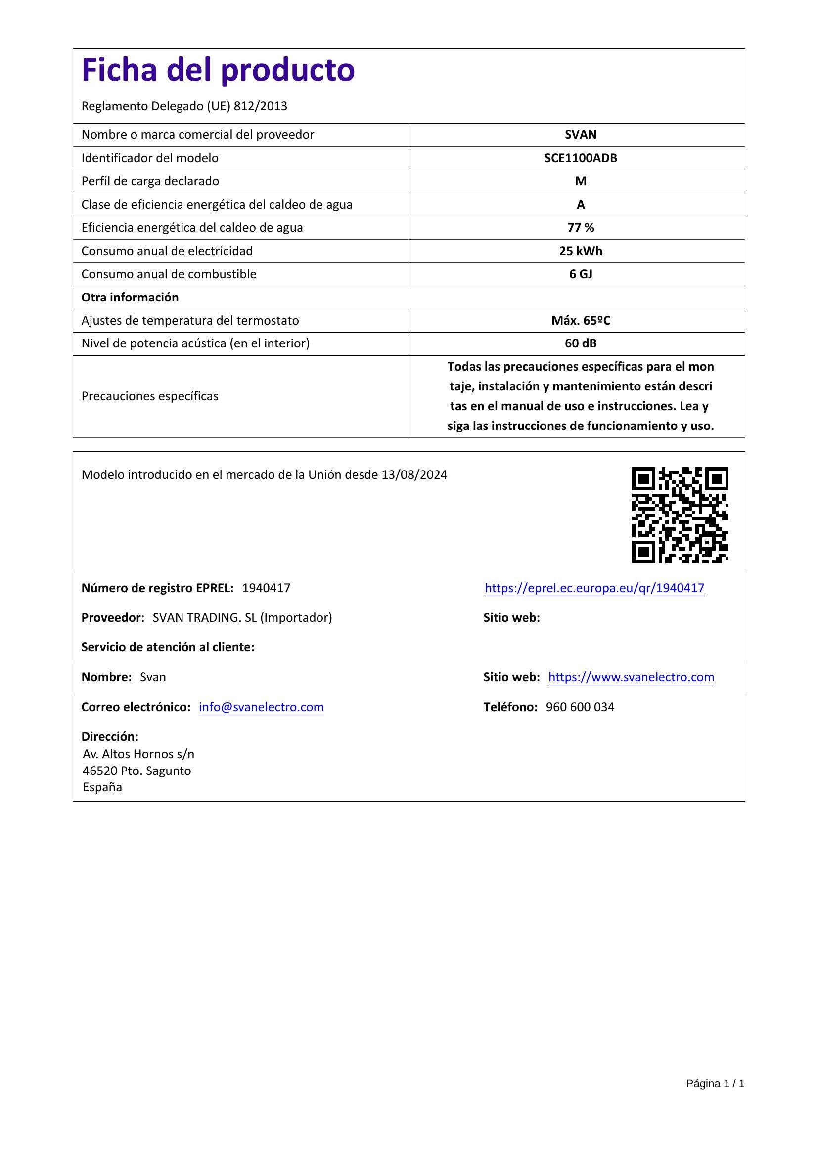 Svan Calentador Estanco SCE1100ADB. Instalación Vertical, 11l/min, 45W, baja emisión gas NOx, control táctil, Display LED, Temperatura max. 65º, Blanco, Eficiencia Energética Clase A