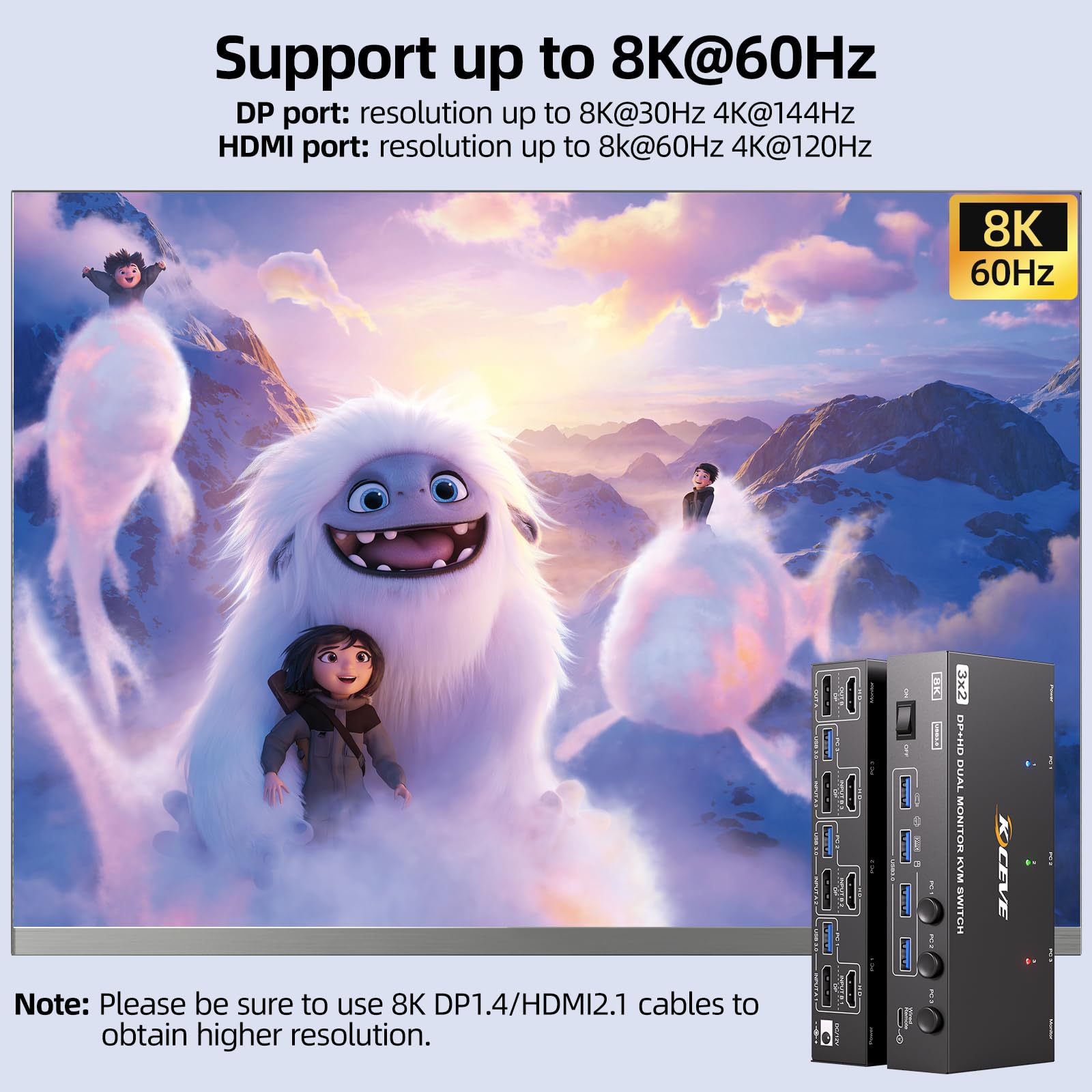 8K@60Hz HDMI Displayport Dual Monitore KVM Switch, ESKEVE KVM Switch 3 PC 2 Monitore Sharing 2 Monitore und 4 USB Geräte, mit Netzteil, Kabelfernbedienung und 3 USB Kabel