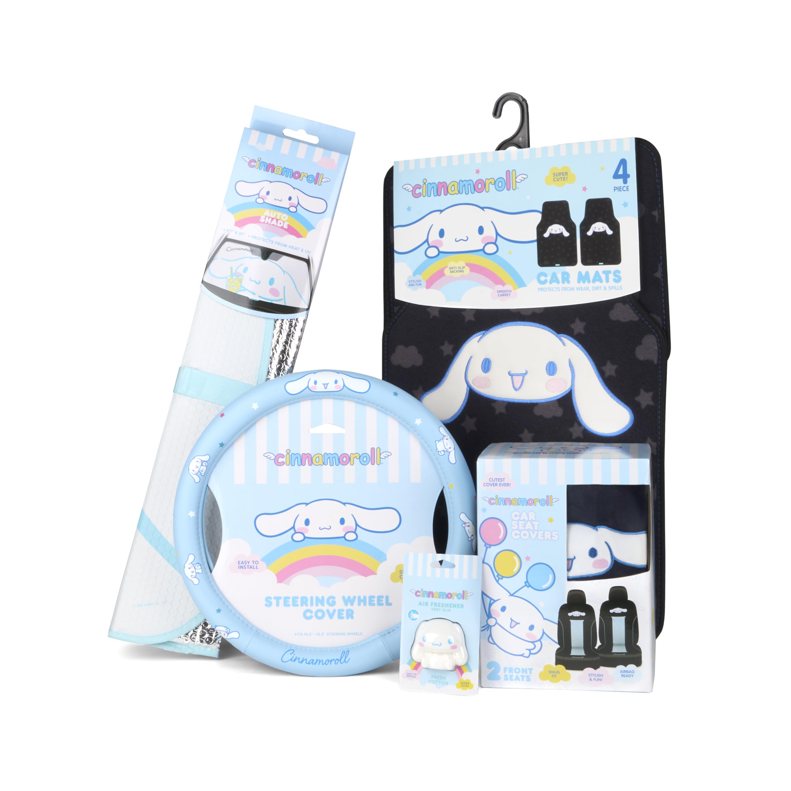 Cinnamoroll Car Seat Covers, Car Floor Mats, Steering Wheel Cover, Windshield Sun Shade for Car Gift Pack Car Air Freshener Black and Blue Hello Kitty Car Accessories for Women 9pc Combo