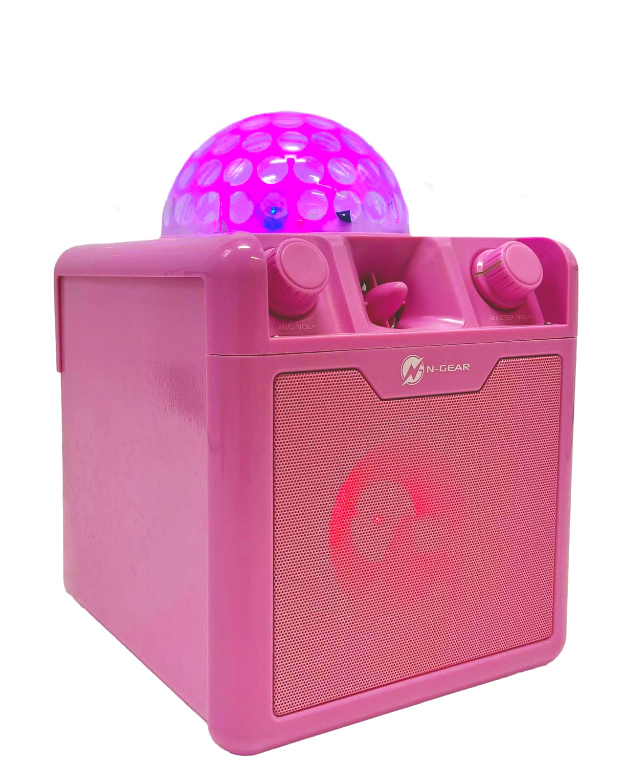 N-Gear Discoblock 410 mobiler Party Disco Musik Karaoke Maschine mit Discokugel Kinder - Disco Licht, 50 Watt Bluetooth Lautsprecher & Mikrofon Karaoke in einem, Rosa
