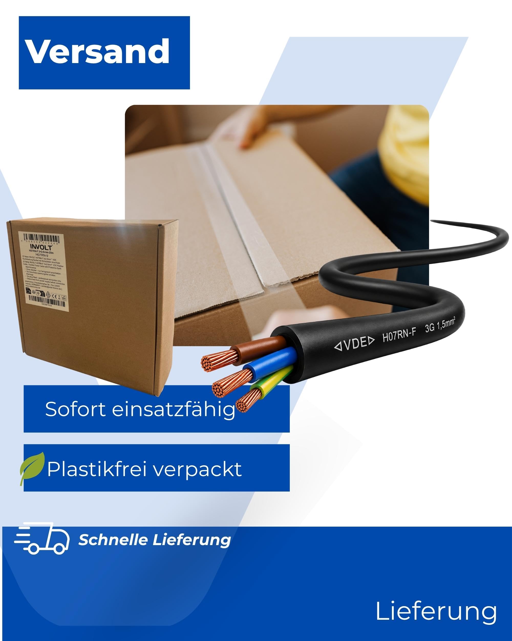 INVOLT 10m H07RN-F 3G1,5mm² CEE Verlängerungskabel, flexibel Gummikabel mit Schutzleiter, Außenbereich Baustellen, VDE Zertifiziert