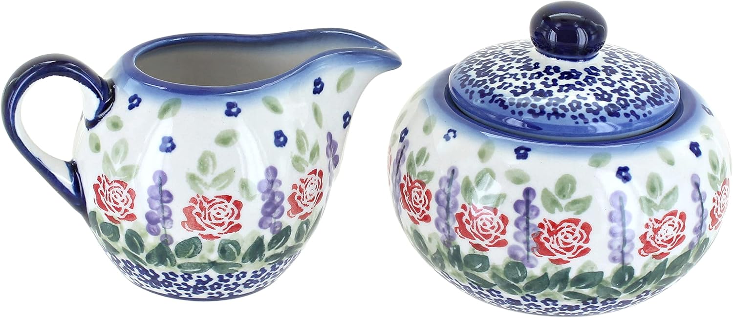 Blue Rose Polish Pottery - Blue Forget Me Not Sugar Bowl & Creamer Set - 8 oz Creamer - Hand-Painted Polish Pottery Ceramic Creamer & Sugar Bowl with Lid