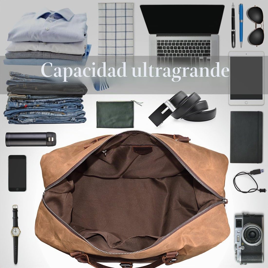 Bolsa de Viaje para Hombre Week-End Bolsa Impermeable de Lona Bolsa de Hombro para Retro Cuero Unisex Gran Bolsa Camping para Overnight Bolsa Marrón