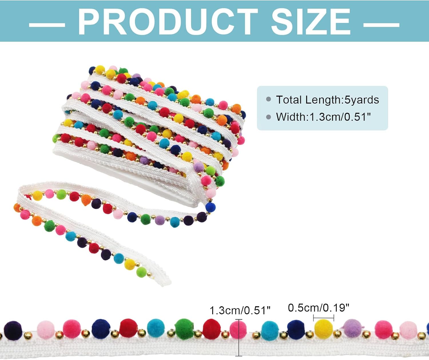 Yalulu 5 Yards Rainbow Pom Pom Ball Fringe Trim Ribbon for Clothes Sewing Lace Ribbon Home Party Wedding Material Apparel (White 1 Row)
