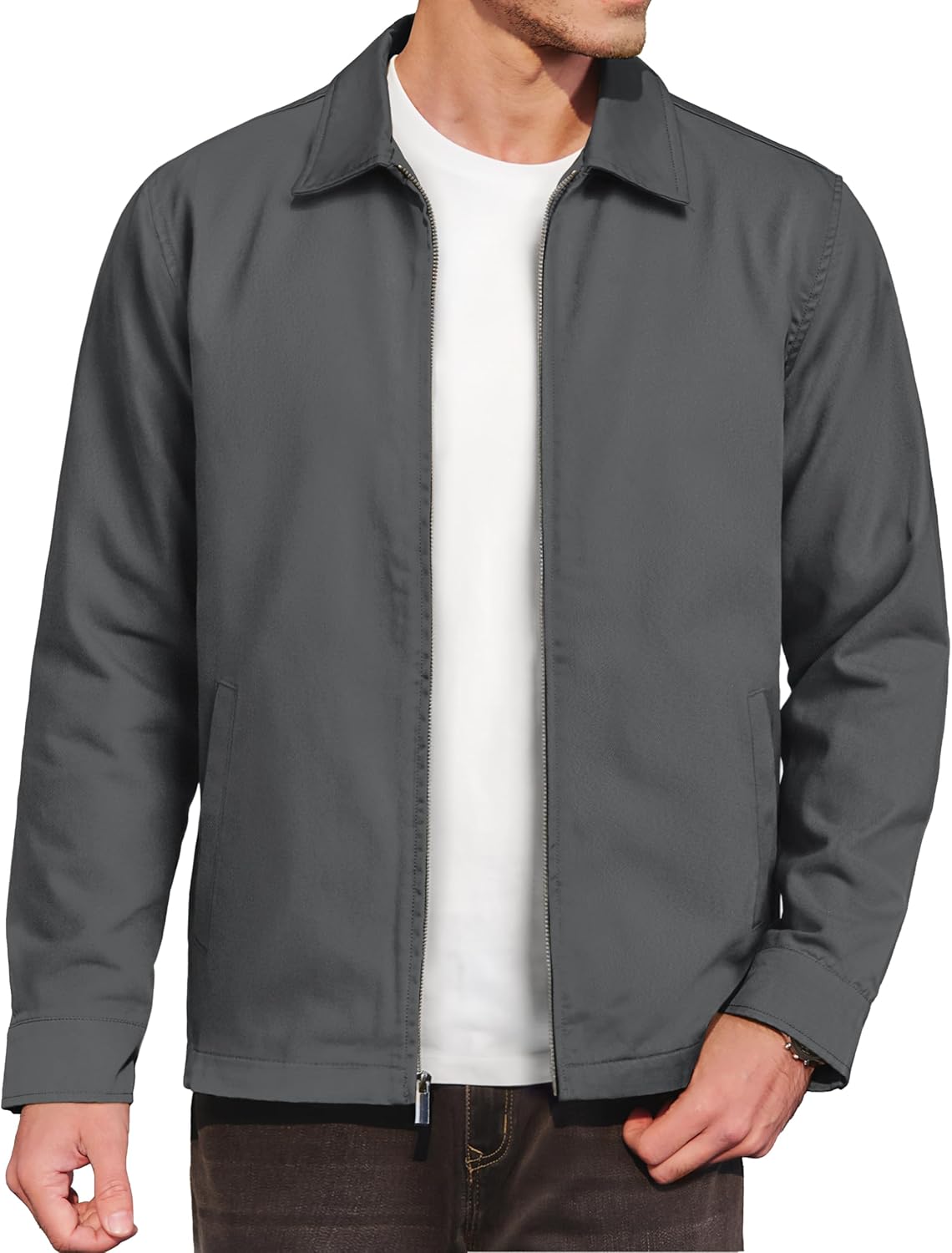 Cotrasen Men's Lightweight Jackets Cotton Windbreaker Jacket Casual Coat Laydown Collar Full Zip Up with 3 Pockets