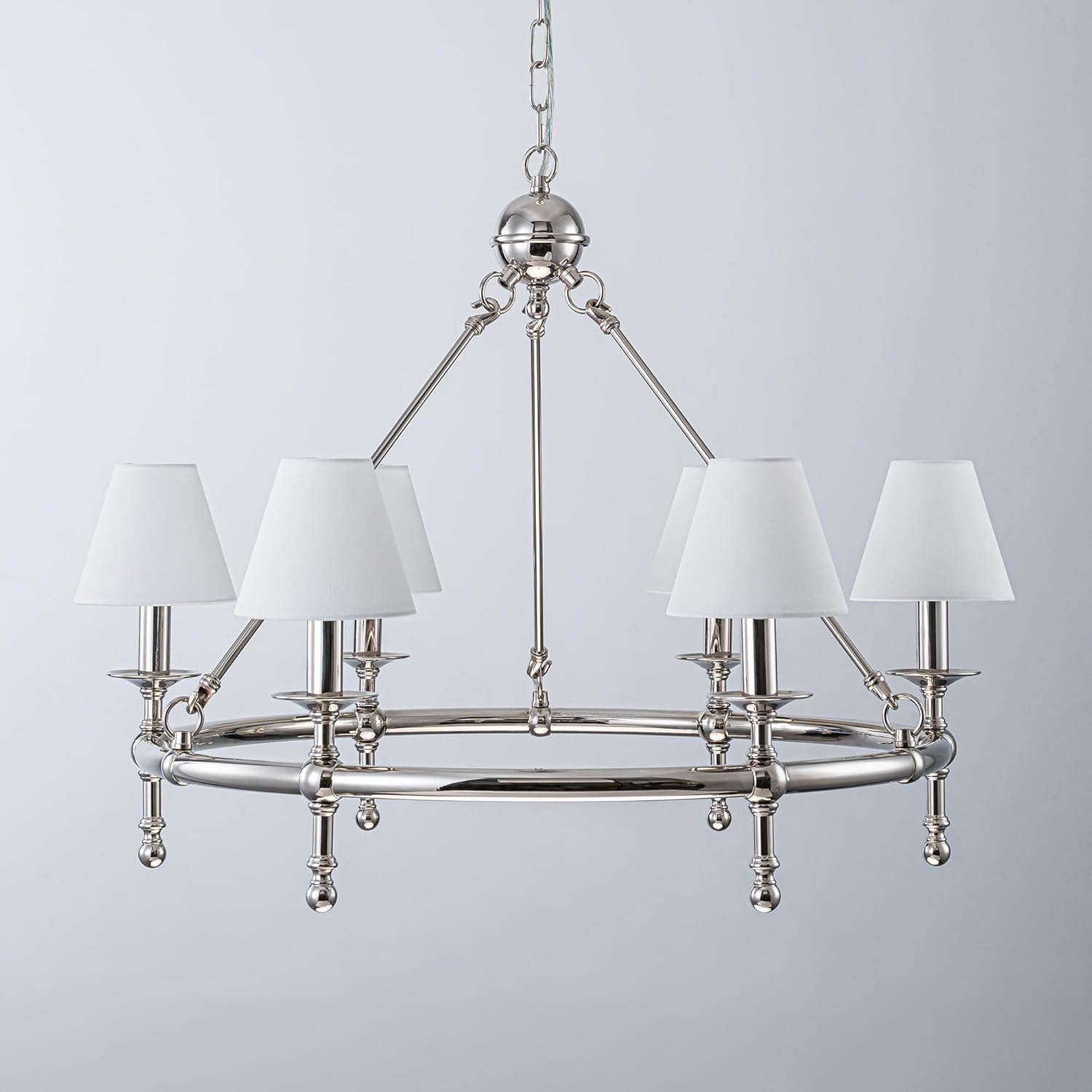 ALOADECOR 6 Lights W34in Polished Nickel and White Pleated Fabric Chandeliers for Dining Room Mid Century Modern Large Round Chandeliers for Classic Living Room
