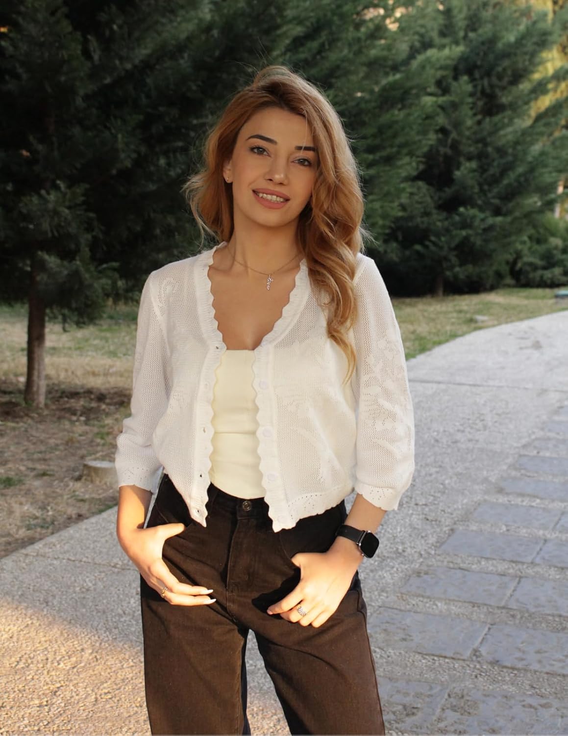 Kate Kasin Women's Cropped Cardigan Sweaters Trendy Lightweight 3/4 Sleeve Button Down Crochet Textured Shrugs Top - Image 7