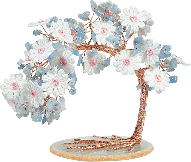 Nupuyai Aquamarine Flower Crystal Money Tree with Agate Slice Base, Good Luck Fengshui Figurine Healing Stone Tree Ornament for Home Office Wedding Decor
