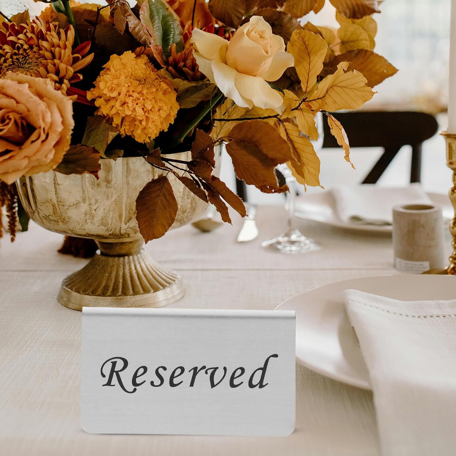 Ipetboom 4 Pcs Stainless Steel Reserved Table Signs for Restaurant and Wedding Events, V-shaped Tent Style, Silver, Sturdy Reservation Displayware for Parties and Dining