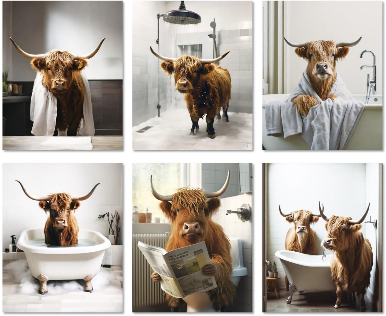 MINI ZOZICow Bathroom Decor 8x10 6PCS Canvas Pictures Wall Decor Funny Highland Cow Prints Art Rustic Farmhouse Modern Style Restroom Bath Painting Print Home Animal Western Country Decorations Big