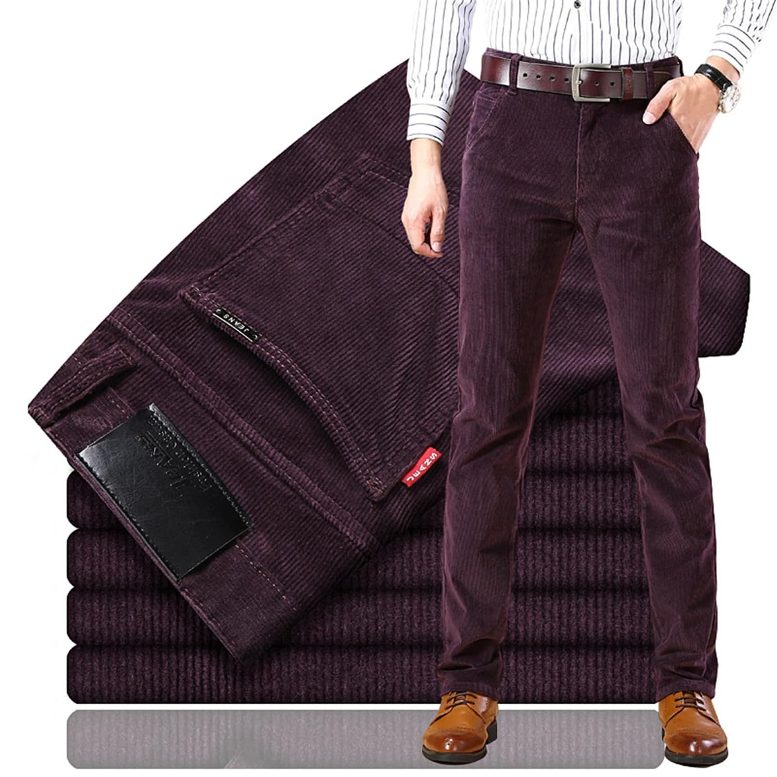 Beautyhis Men's Burgundy Classic-Fit Corduroy Pant,Straight Stretch Pants Business Trousers With Pockets (Wine Red,33)