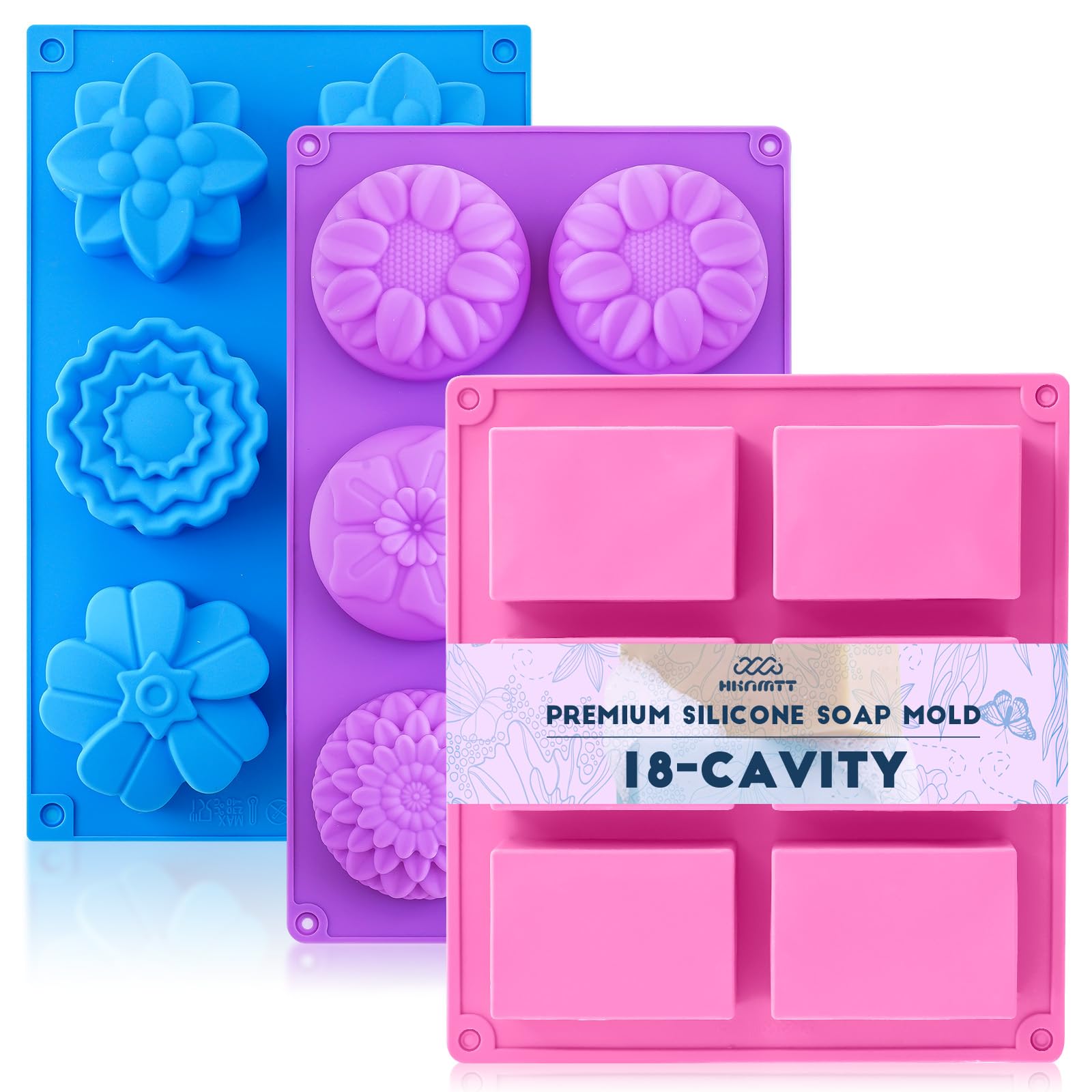 HKNMTT Square Flower Rectangle Bar Molds Silicone, 7 Shapes for Chocolate Soap Making Shower Steamer Homemade Bath Bomb Lotion Shampoo Bar Dessert DIY Set Non-stick Craft Food Grade 3 Pack Floral & Rectangle 3PCS