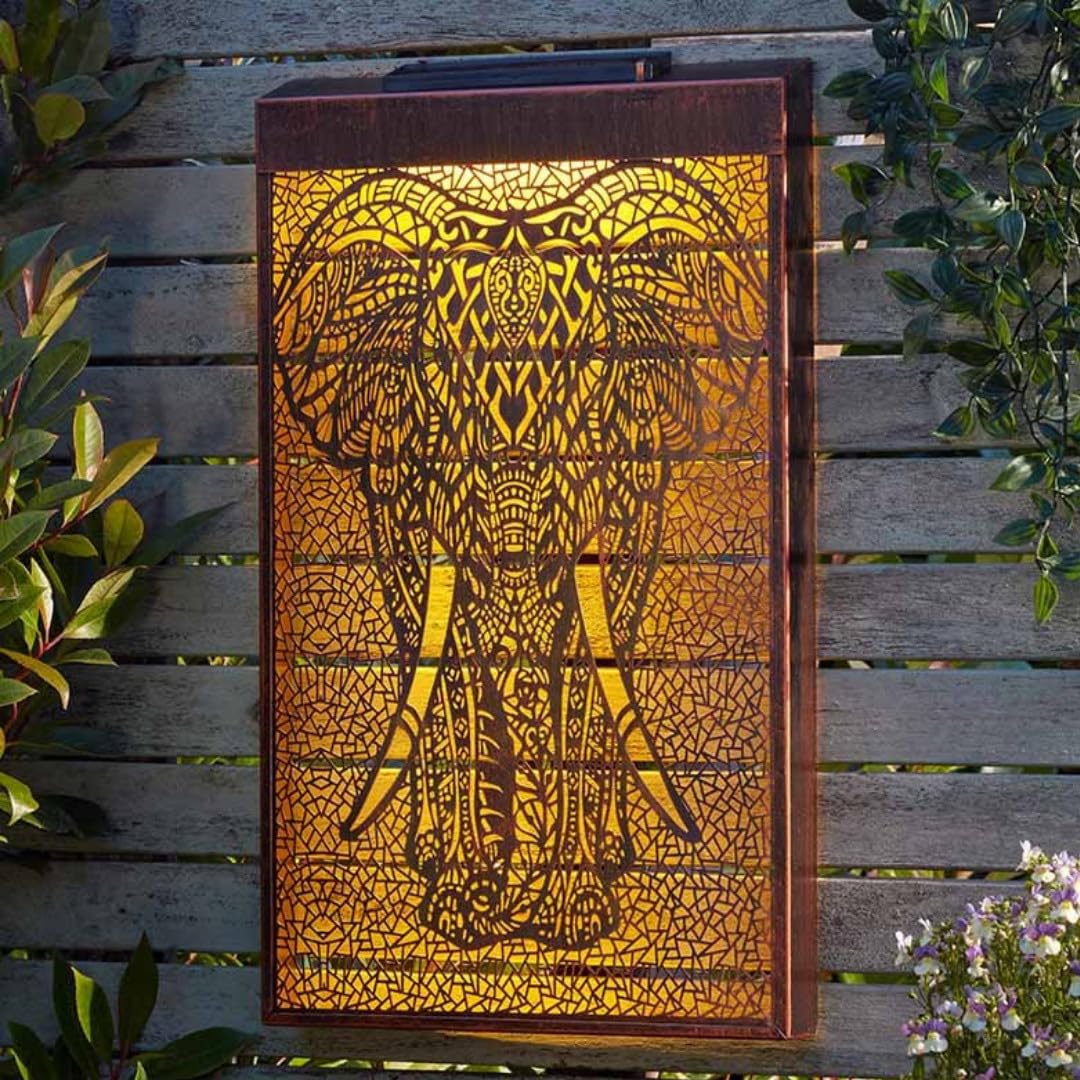 Garden Mile Solar Elephant Wall Decor 50cm – Metal Outdoor Wall Art Panel with Warm White LED Lighting for Patio, Fence, Balcony, Entrance & Garden Decoration