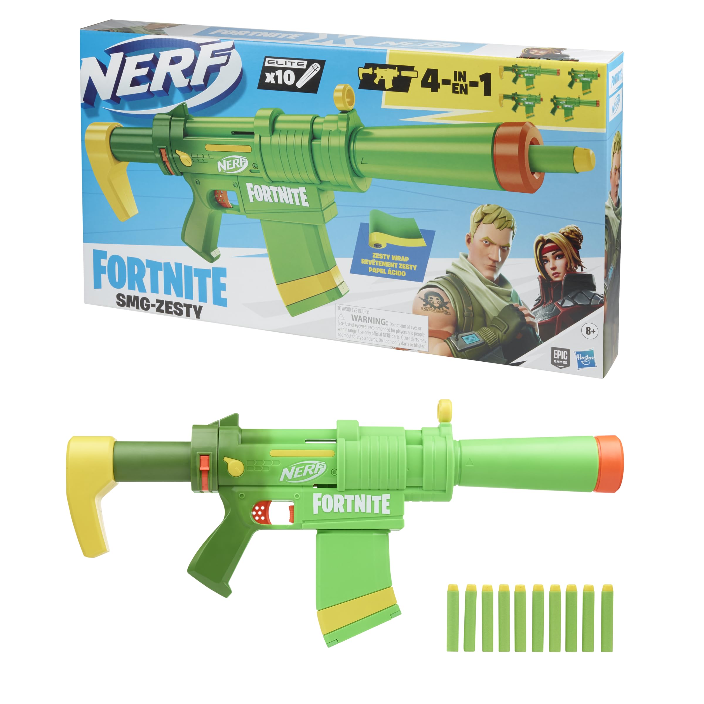 NERF Fortnite SMG-Zesty Elite Dart Blaster -- Removable Stock and Barrel, Removable 10-Dart Clip, 10 Official Elite Darts