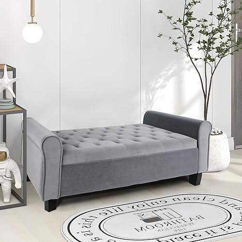 Miniatura 2 de ECOMEX Banco de almacenamiento de terciopelo para dormitorio, banco de extremo de cama con diseño de ventana de brazo enrollado, banco grande gris