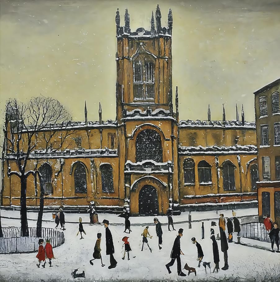 Pack of 10 Religious Christmas Cards & Envelopes. Lowry Style Image of Manchester Cathedral. Full Colour Internal Print With Christmas and New Year Message