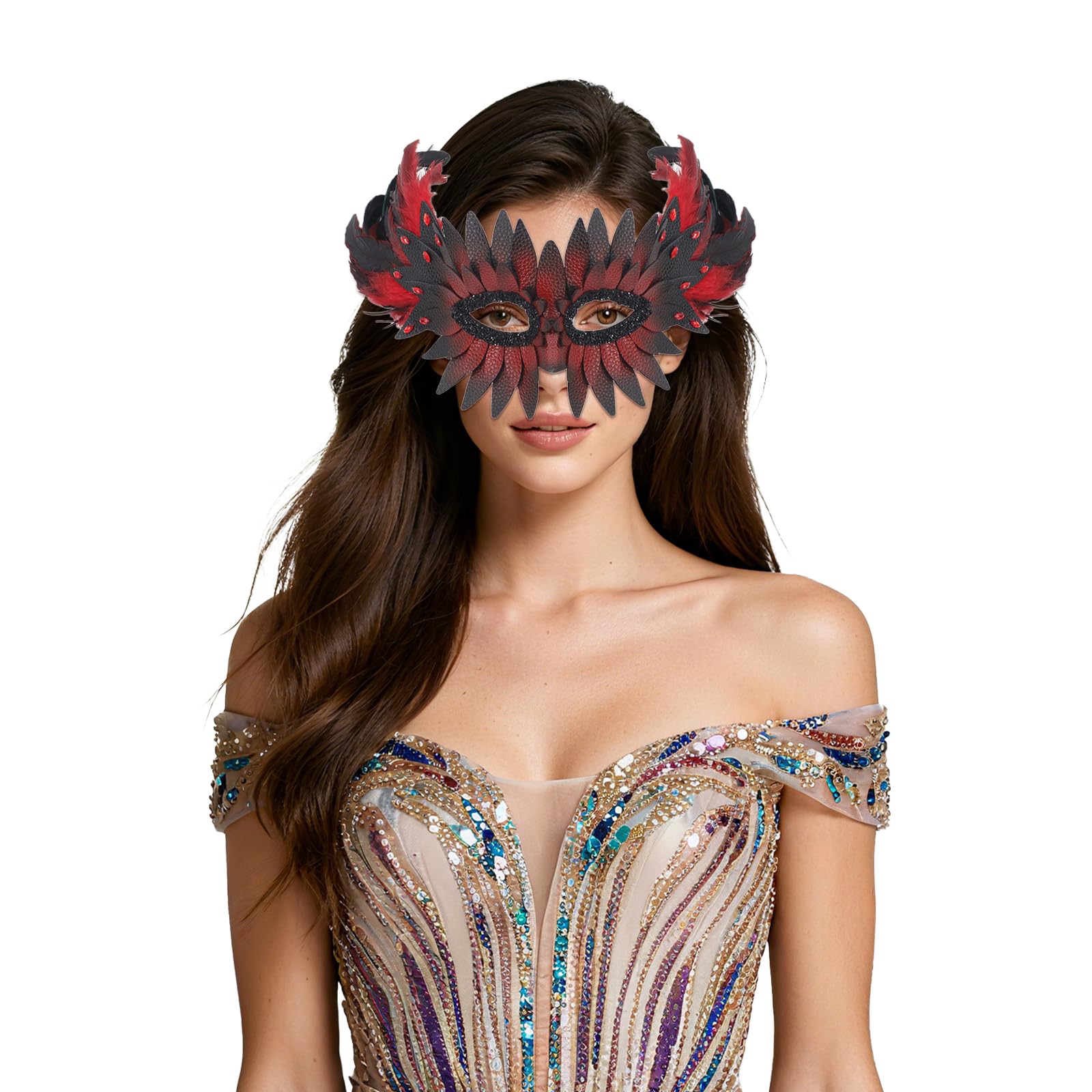 JewelryWe Maska wenecka dla mężczyzn i kobiet, gotycka, skóra PU, sowy, półmaska z piórami/strasem, maska maskowa, maska zwierzęca, maska ptaka, kostium na imprezę tematyczną, karnawał, Halloween