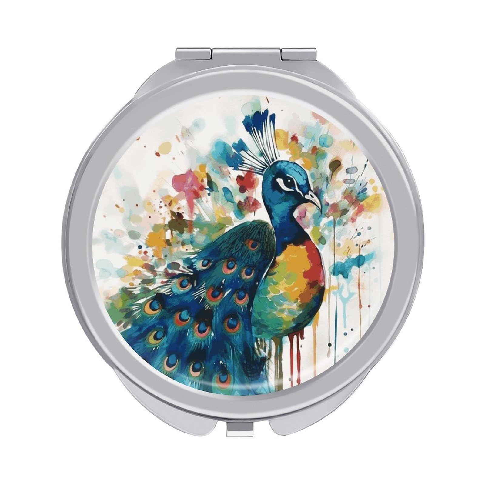 JTREHY Watercolor Peacock Makeup Mirror Silver Mirror Surface Folding Makeups Mirrors Lightweight Durable Looking Glass for Suitable Traveling Handbag and Purses