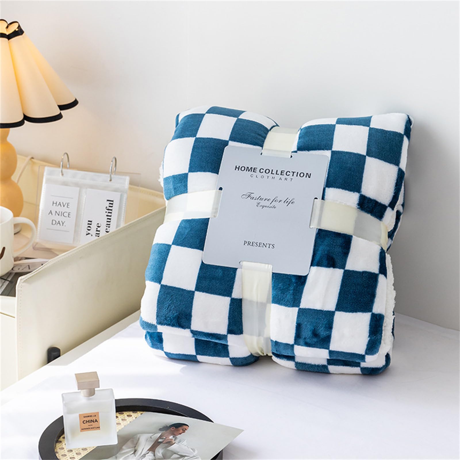 Highdi Winter Blankets and Throws for Sofa Beds, Checkerboard Soft Warm Sofa Throw Fluffy Cozy Bed Throws Fleece Throw Blanket for Kids Adults Bedroom Couch Travel (100 * 150CM,Navy blue)