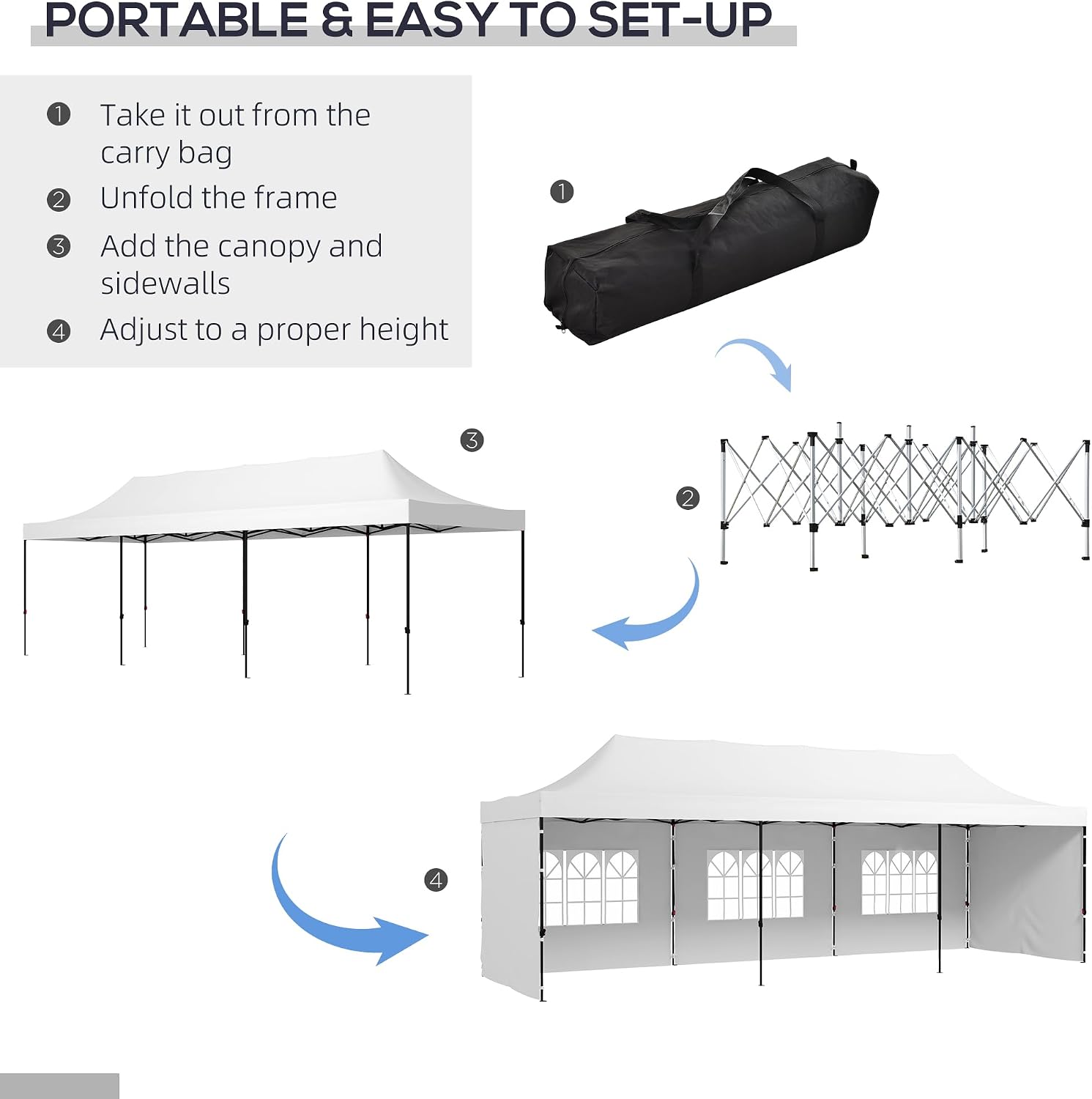 Outsunny 9.5' x 28' Pop Up Canopy Tent with Sidewalls, Instant Sun Shelter, White Tent for Parties, Height Adjustable with Carry Bag and 4 Sand Bags for Outdoor, Garden, Patio