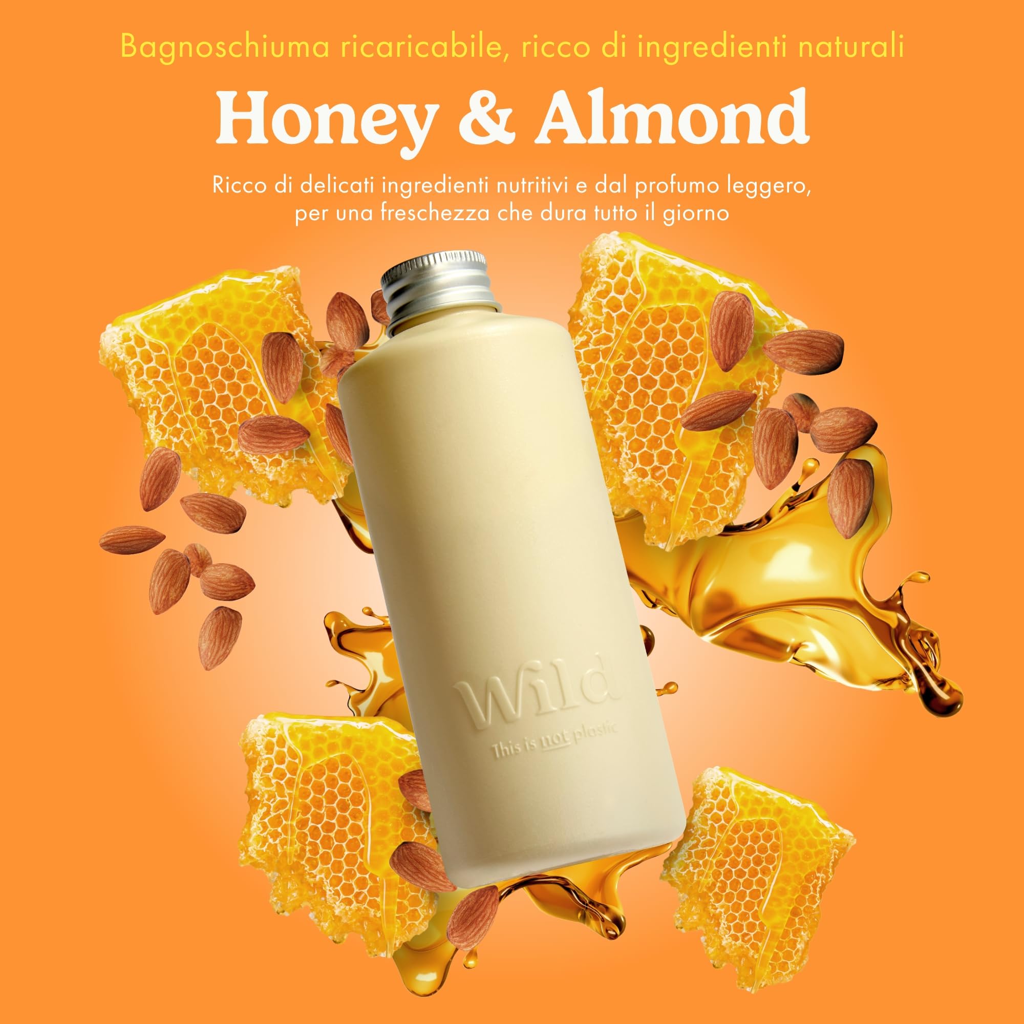 Starter pack con bagnoschiuma ricaricabile Wild - flacone in alluminio Avorio e 3 ricariche di gel doccia in diverse fragranze: Coconut & Vanilla, Honey & Almond e Amber & Oud - naturale al 95%