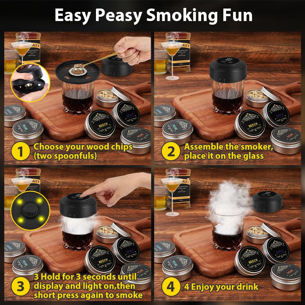 URAQT Kit Per Affumicatores Elettrico da Cocktails, Kit Affumicatore per Whisky Cocktail, Kit per affumicatore per cocktail con 6 Aromi Scaglie Legno, regali di compleanno per uomini, papà