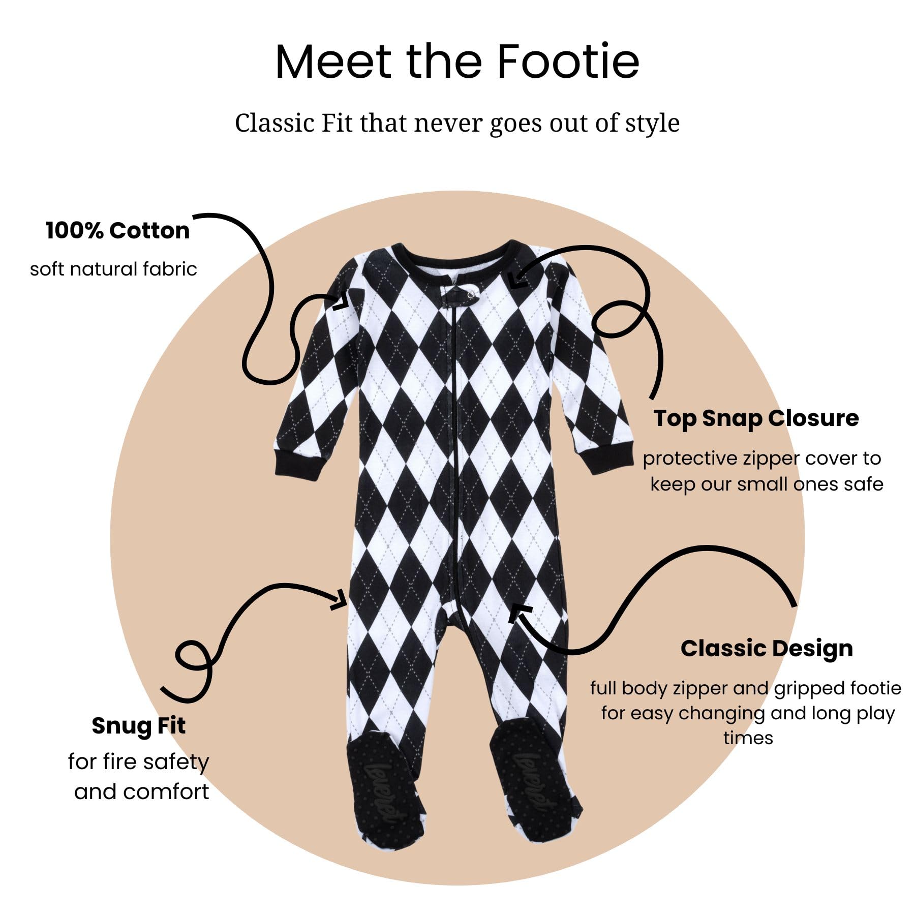 Leveret Kids & Toddler Footed Pajamas Boys Girls 100% Cotton Argyle Black & White (Size 6-12 Months)