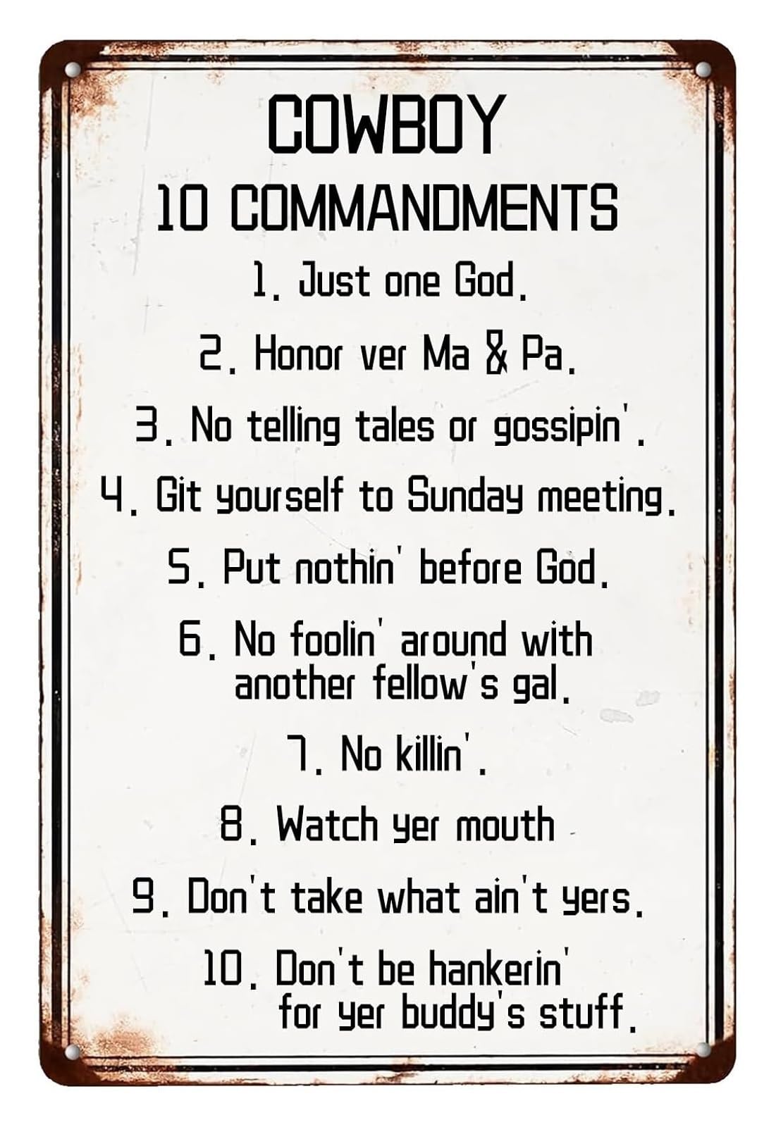 MQXFCZUX Vintage Cowboy Commandments Metal Sign Western Retro Tin Plaque with Funny Quote for Garage Man Cave or Saloon 8 X 12 inch
