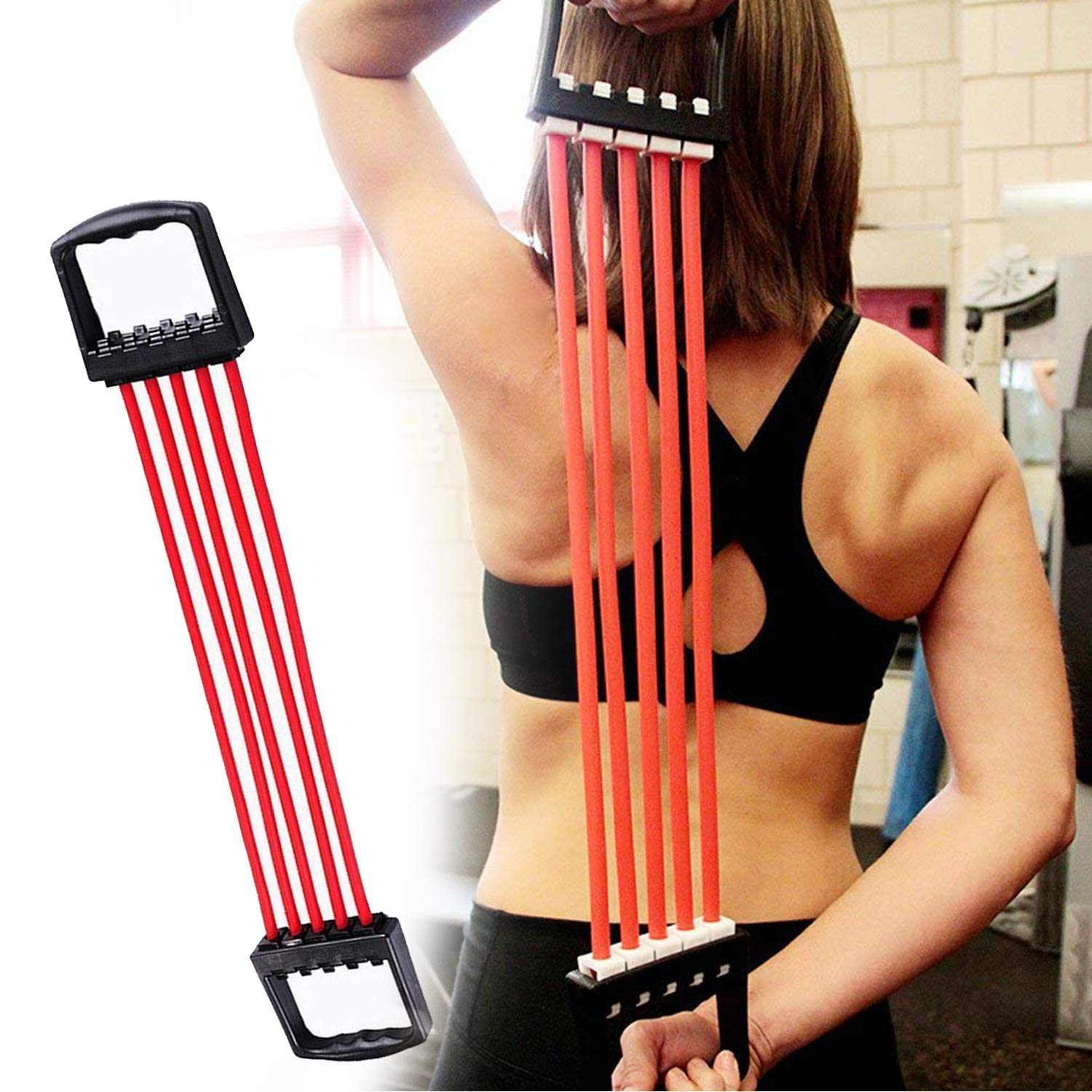 Shopeleven Chest Expander with 5 Springs Steel Springs with Steel Chrome Plating for Increased Resistance | Muscle Pulling Exerciser | Multi-Function, Lightweight, Portable & Compact (Red) 3
