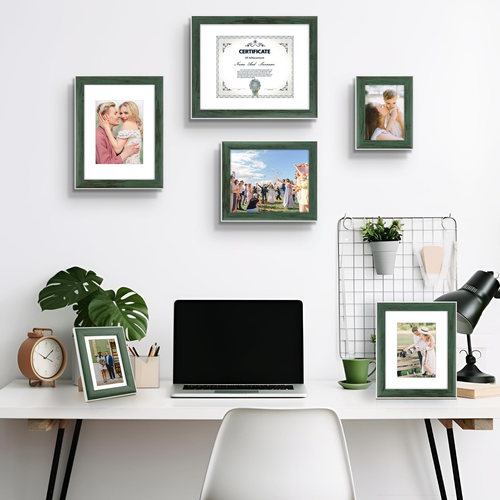 Golden State Art, 11x14 Picture Frame with Mat for 8x10 Picture - Engineered Wood Rustic Photo Frame Gallery Wall Frames - Shatter Resistant Plexiglass (Green, Set of 3)