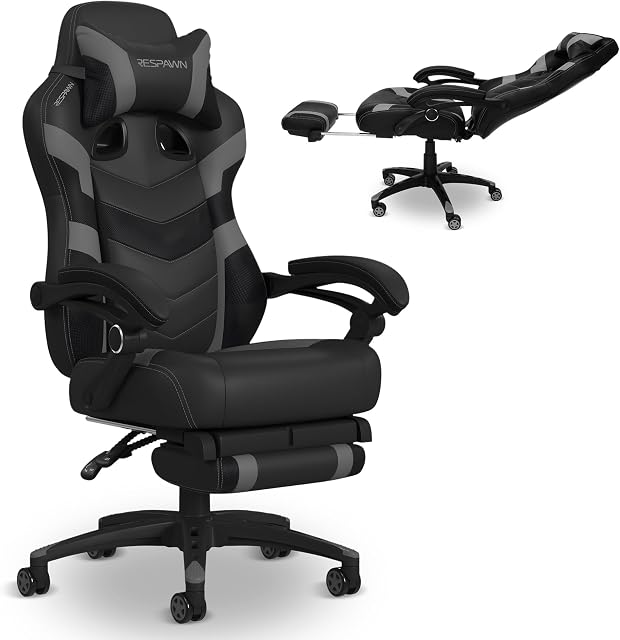 RESPAWN 110 Bonded Leather Gaming Chair with Lumbar Support, Padded Arms, Recline/Tilt Tension Controls, 275lb Max Weight, with Wheels for Computer/Desk/Office, Gray, Grey
