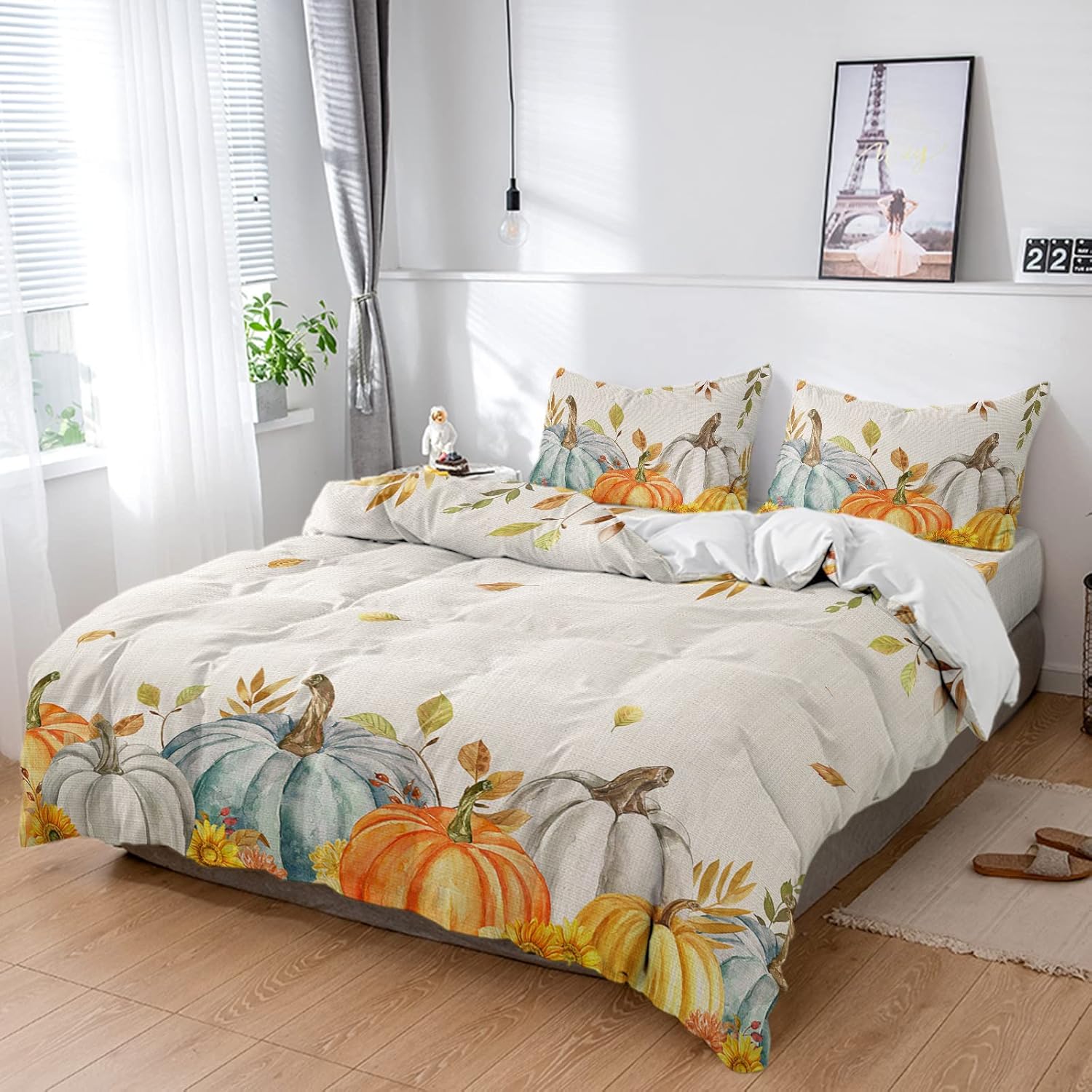 Amazon.com: Watercolor Fall 4 Piece California King Autumn Pumpkin and Leaves Breathable ...