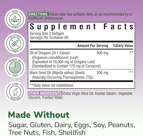 Miniatura 5 de Aceite de orégano de 10000 mg con aceite de semilla negra, extracto 201, cosechado silvestre, contiene carvacrol, sin OMG, suplemento de extracto de