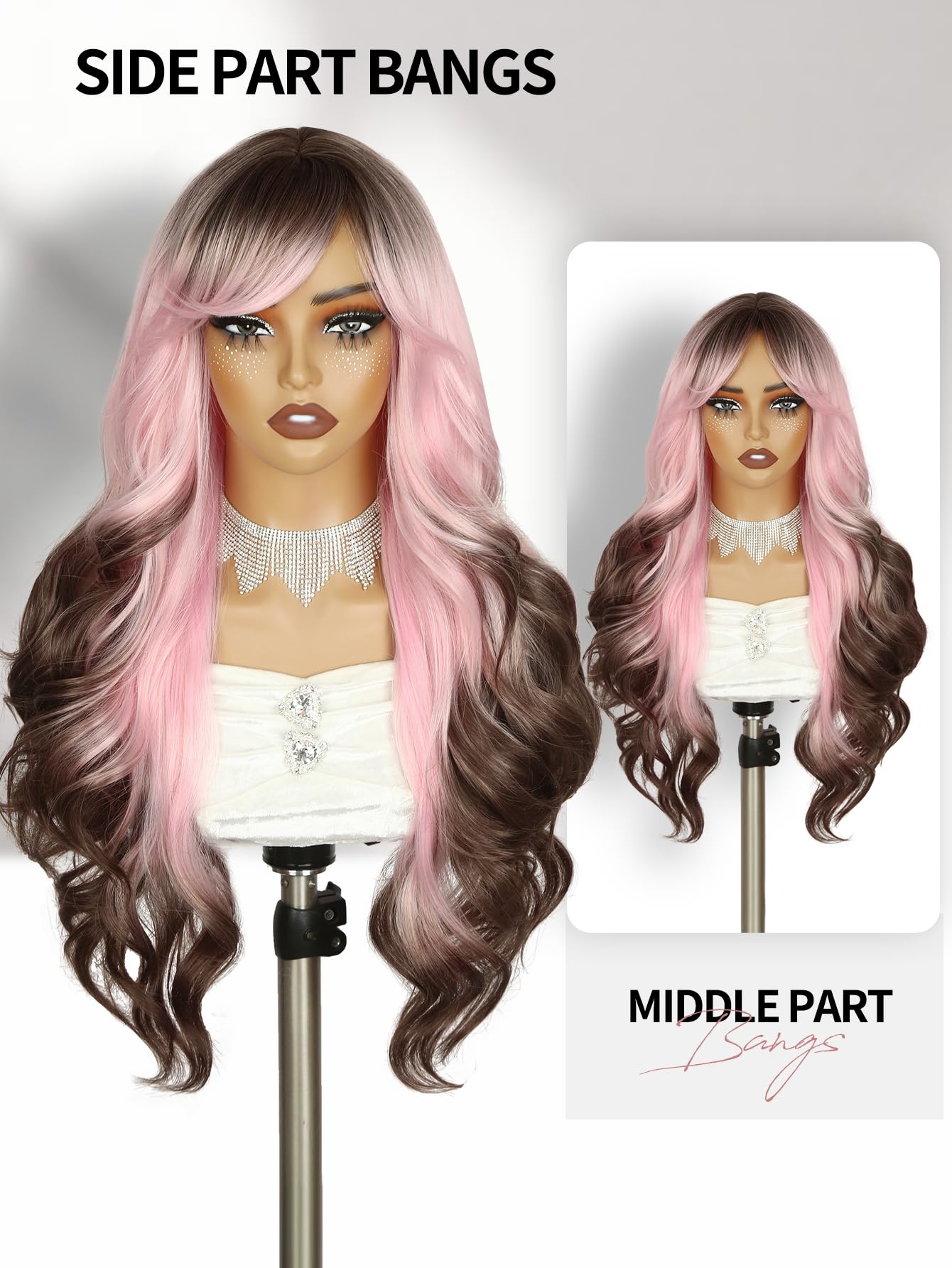 Amazon.com : WIGER Long Wavy Wig With Bangs, Pink Romantic 