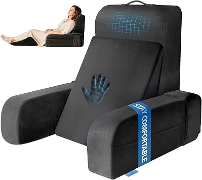 Kayfia Reading Pillow, Gel Memory Foam Back Rest Pillow, 19", Black | 3 Storage Pockets, Dual-Use Back Leg Support Pillow, Detachable Armrests, Ideal for Reading, Gaming, Working on Bed & Couch