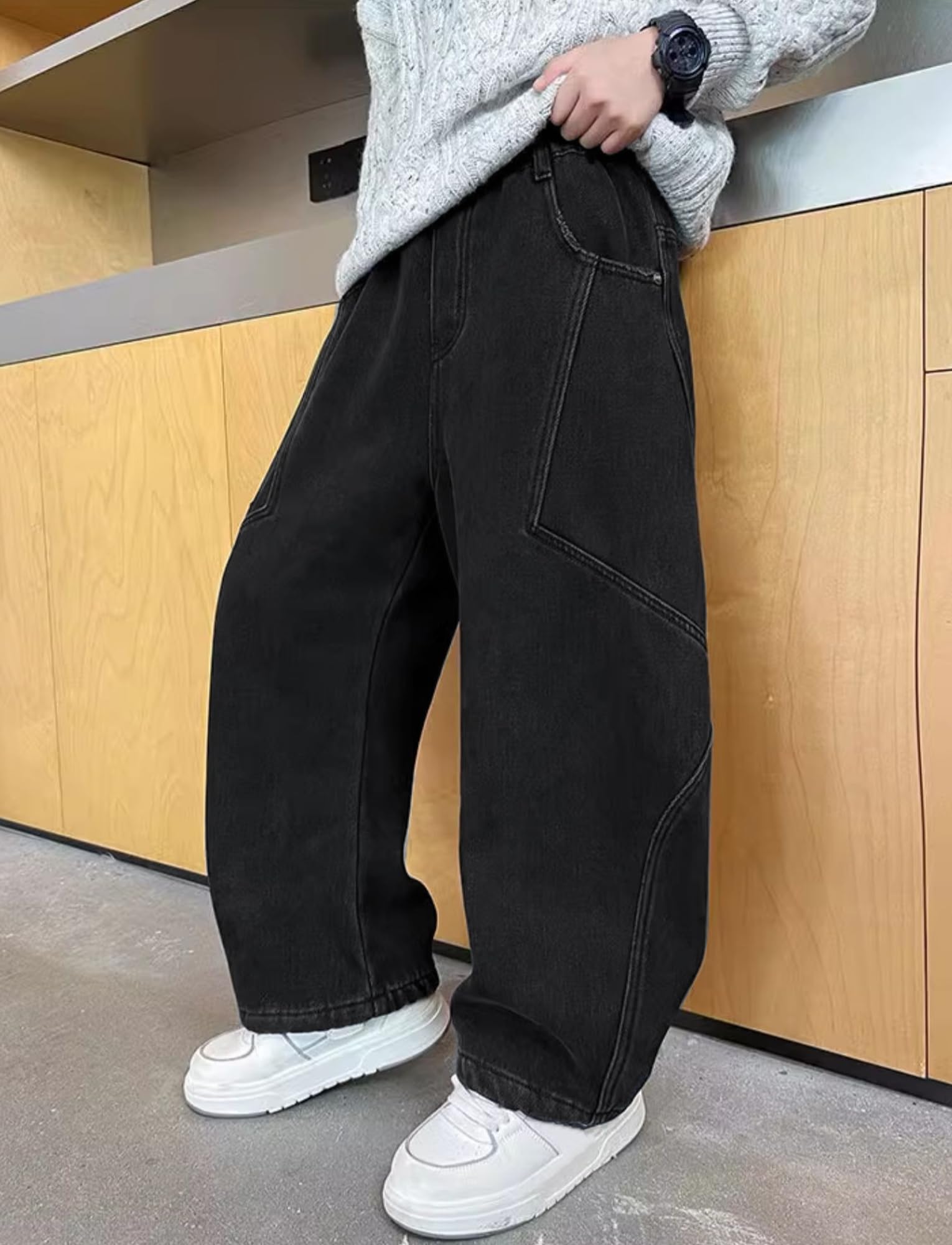 SEAUR Jeans Larghi per Bambini Streetwear con Tasche Gamba Larga Pants Elastico in Vita Pantaloni Cargo in Denim