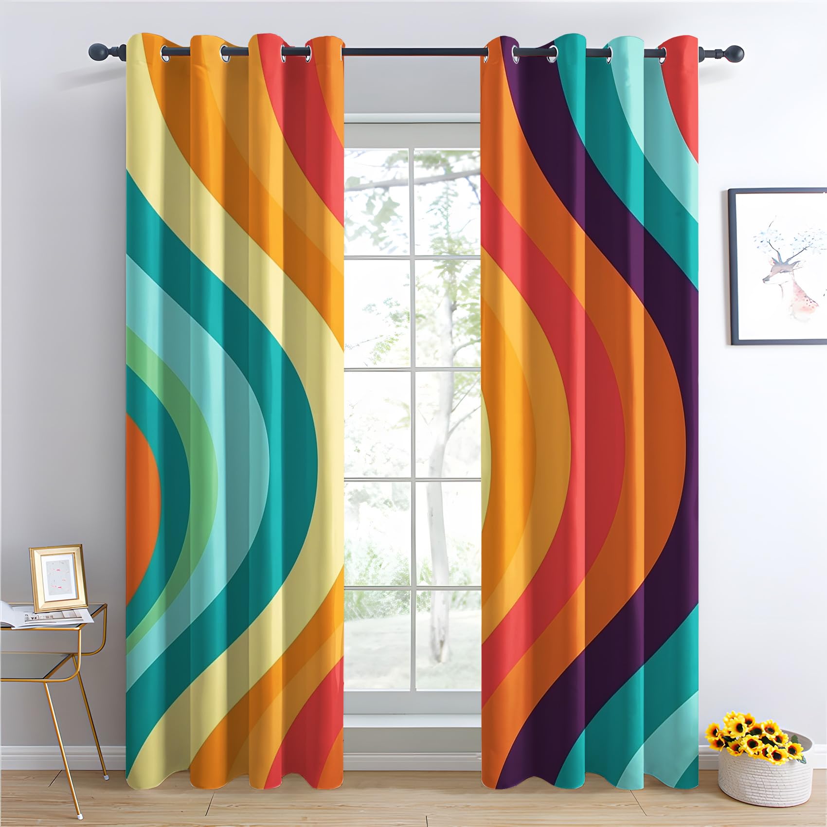 QEODAH Abstract Curtains 213cm Drop, Colourful Ombre Gradient Mid Century Patterned Blackout Curtains for Bedroom, Living Room Decor, Soft Thermal Insulated Eyelet Drapes for Windows - 2 Panels